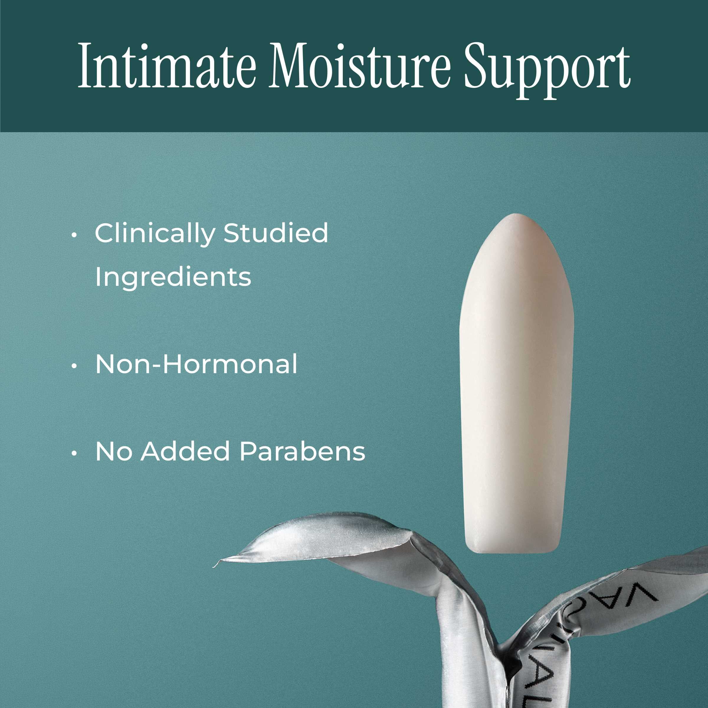 Close-up of pH-D Feminine Health hyaluronic acid vaginal suppository with benefits listed