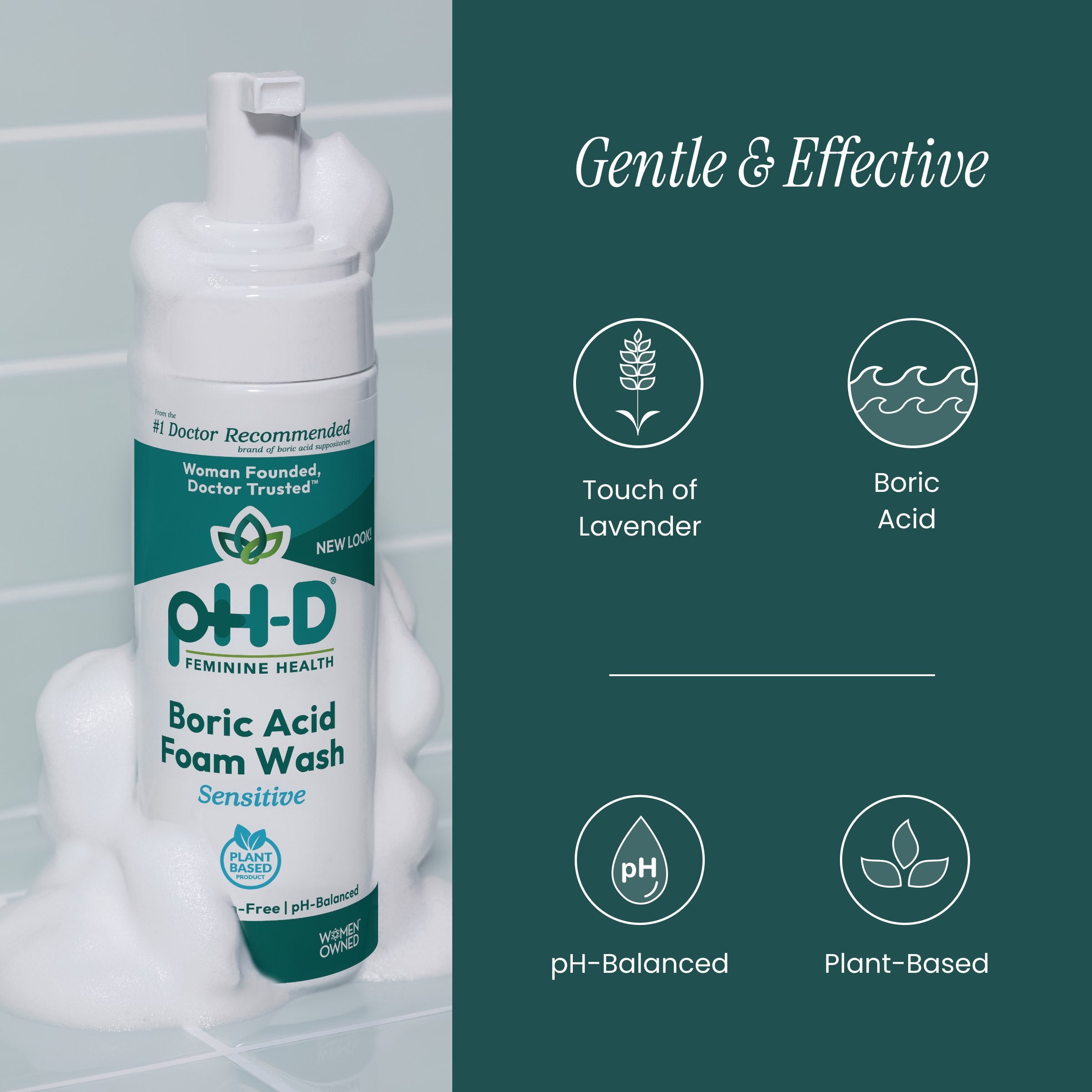 pH-D Boric Acid Foam Wash bottle with product features on a green background