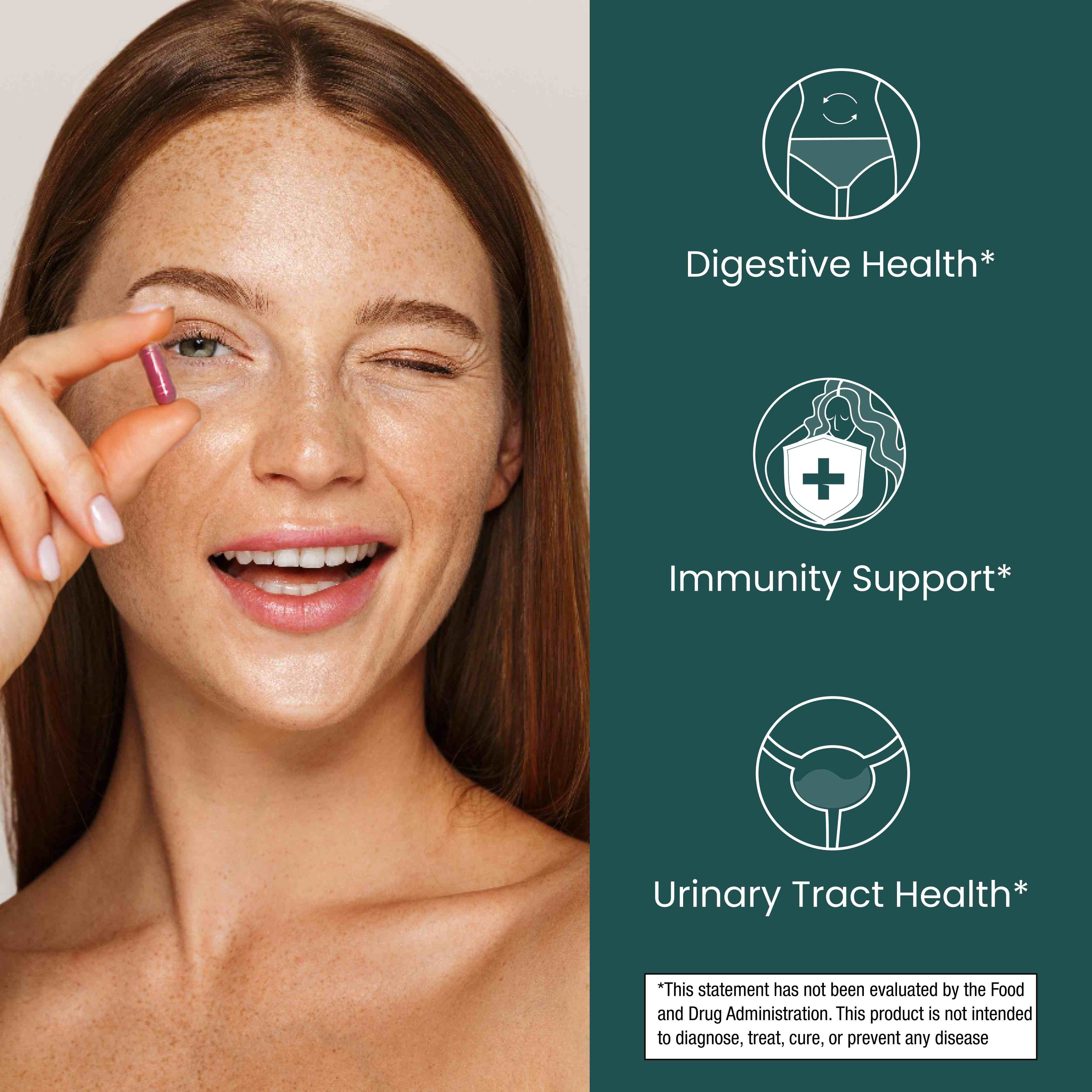 Woman holding a supplement capsule with health benefits listed on the right.