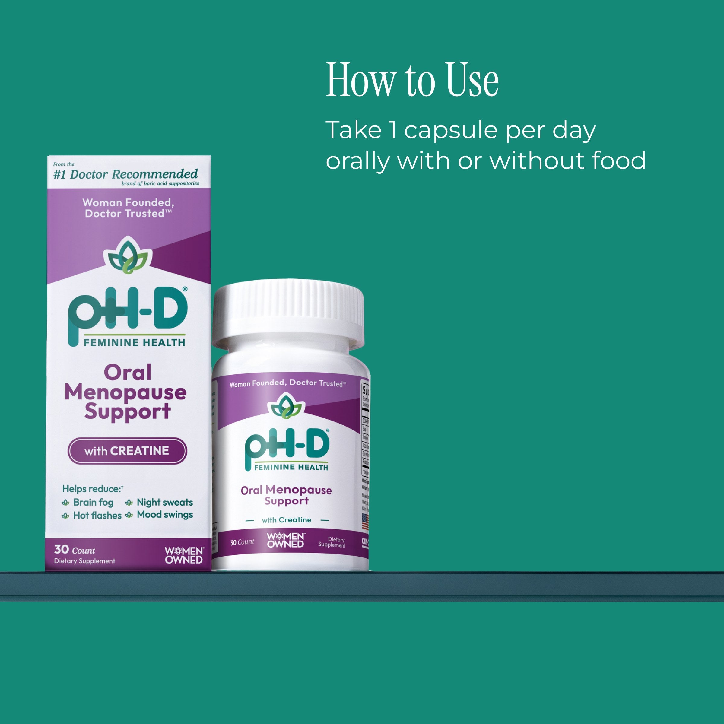 pH-D Oral Menopause Support supplement packaging on a teal background