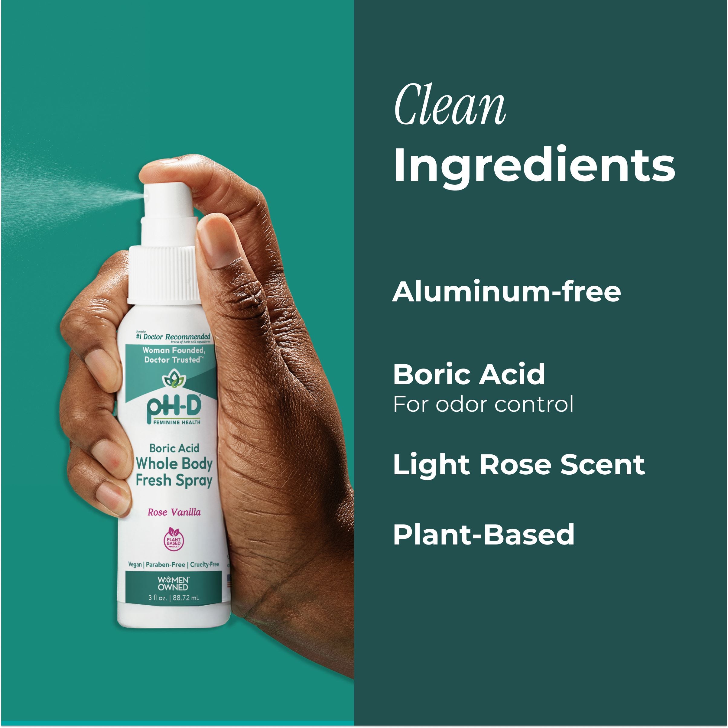 PHD Boric Acid Whole Body Fresh Spray being held with a green background and product features listed.