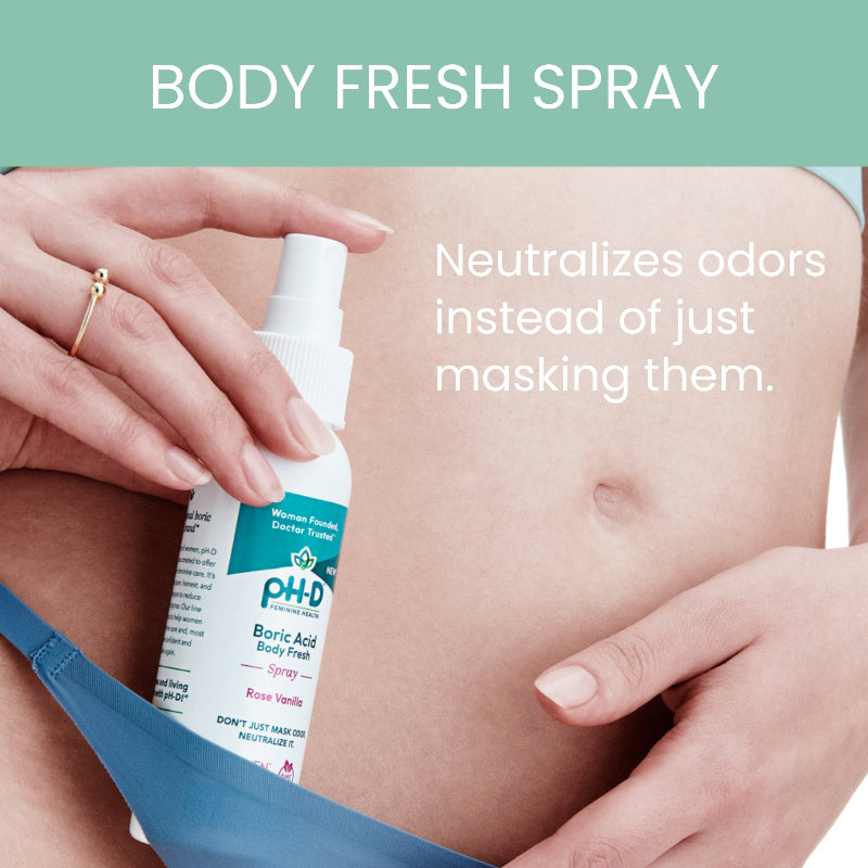 PHD Boric Acid Body Fresh Spray being applied to a person's skin with text highlighting its odor-neutralizing properties.
