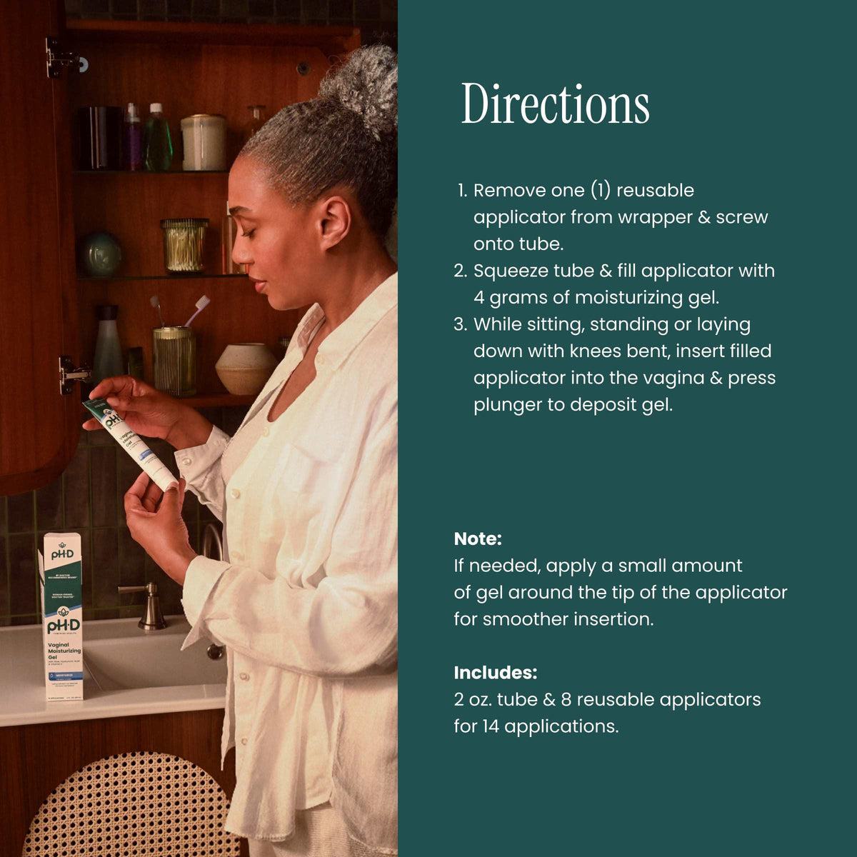 Instructional graphic with a woman in a bathroom applying gel from a pH-D Feminine Health Vaginal Moisturizing Gel product tube, alongside a dark teal panel with step-by-step directions and product details.