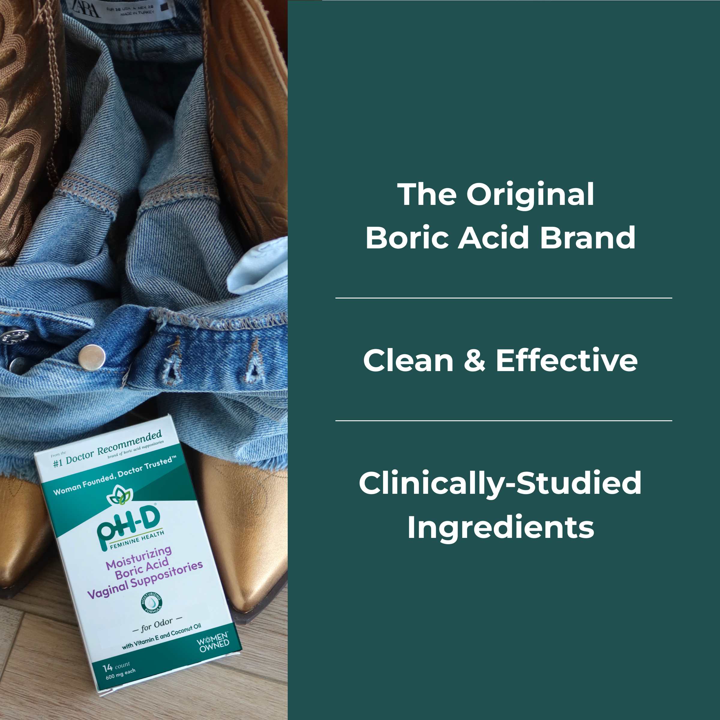 Product packaging with text about a 'Doctor Recommended Brand' on a green background.