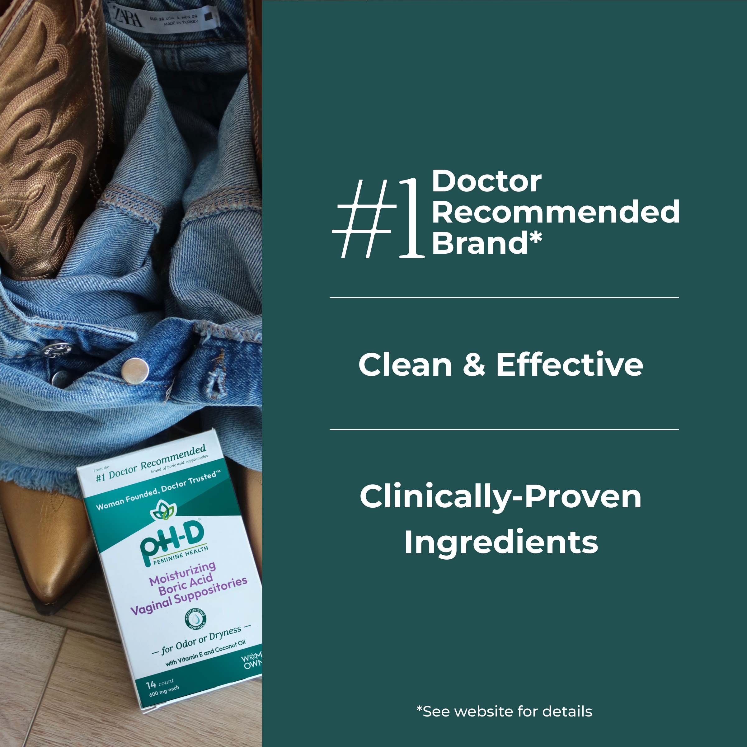 Product packaging with text about a 'Doctor Recommended Brand' on a green background.