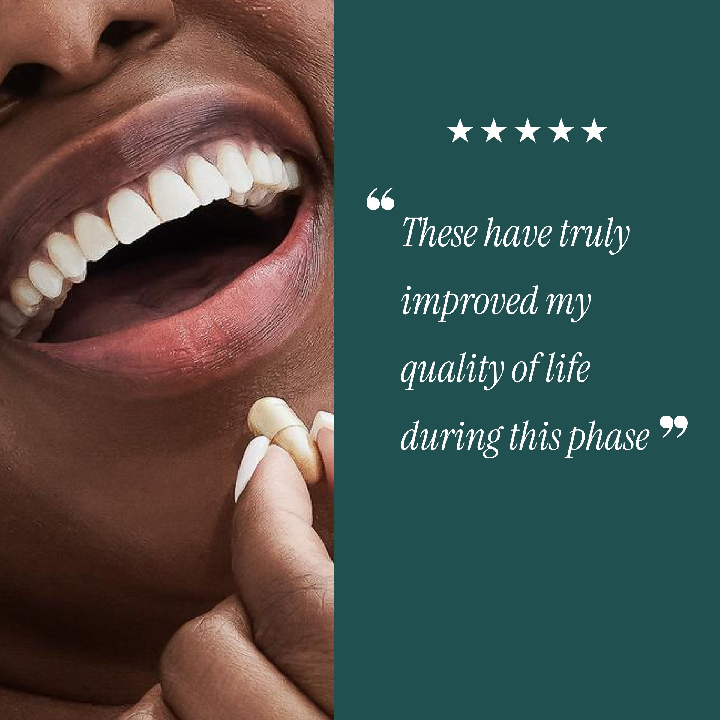 Close-up of a person holding a pill with a testimonial quote on a green background