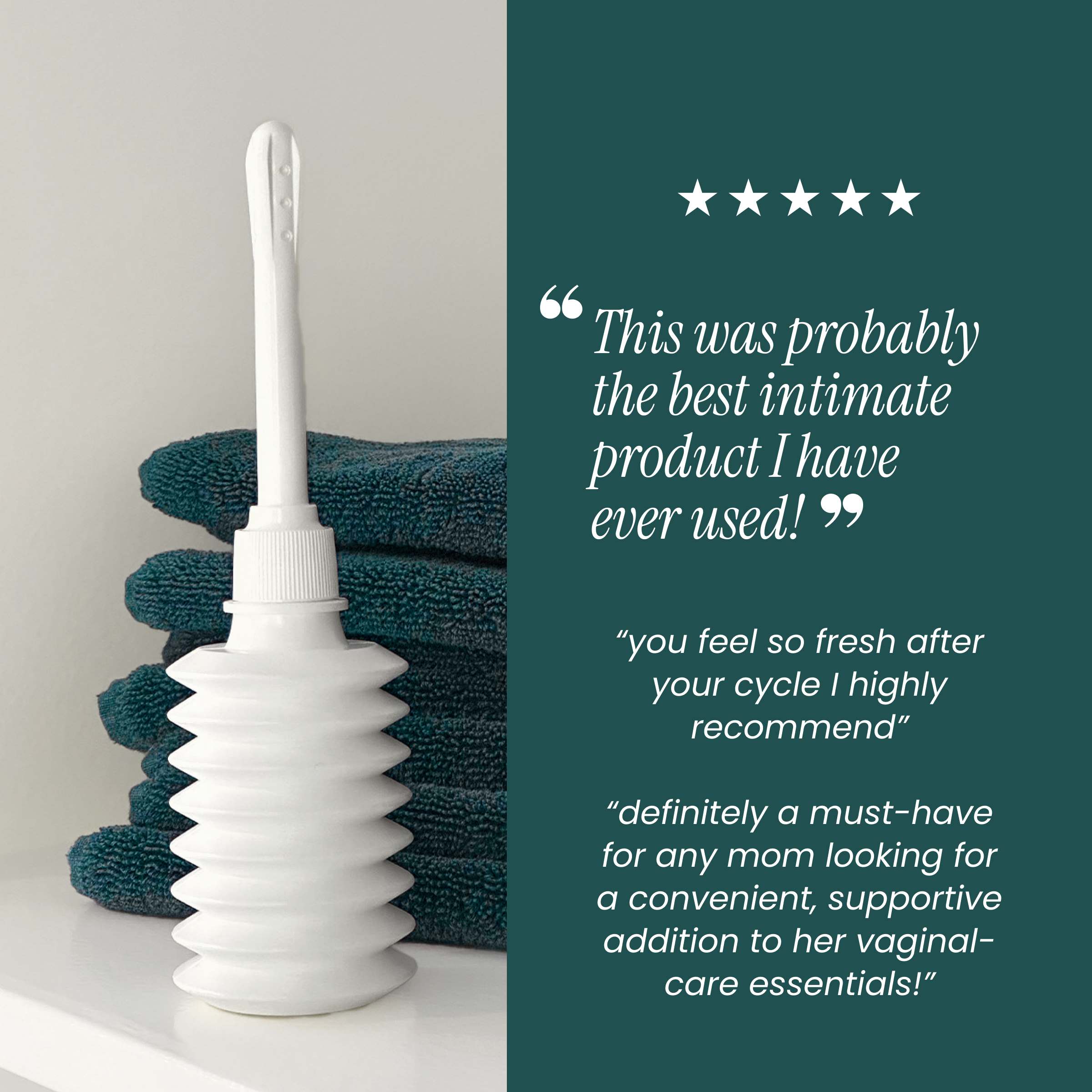 White intimate care product with green towels and customer reviews on a teal background