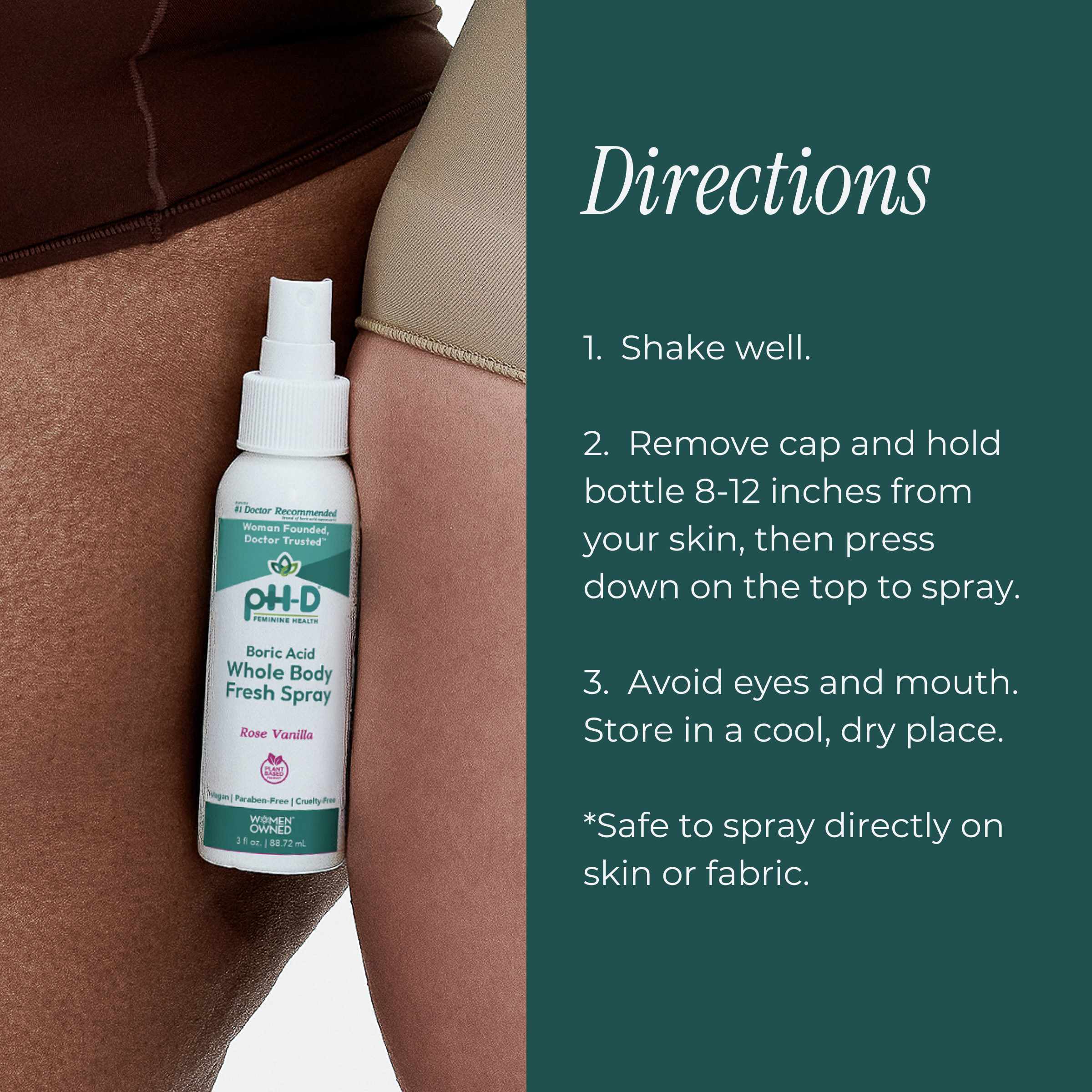 Boric acid whole body fresh spray bottle with usage instructions on a green background