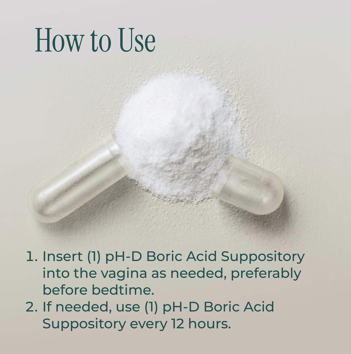 Instruction graphic titled 'How to Use' showing a clear suppository capsule filled with white powder on a light beige background, with two lines of usage text below.