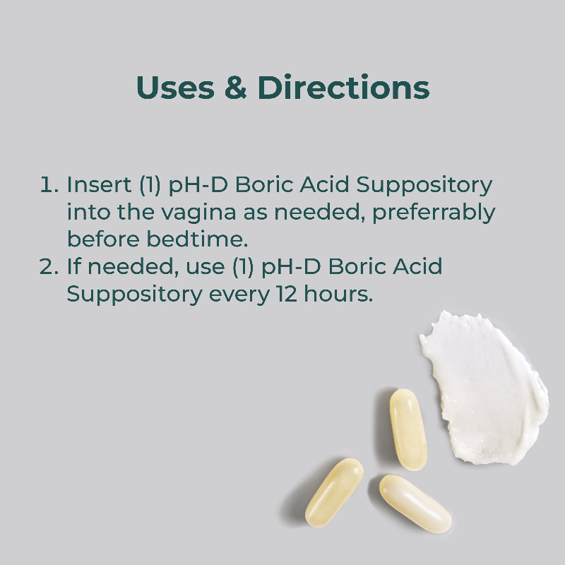 pH-D Boric Acid Suppository packaging with usage instructions on a gray background
