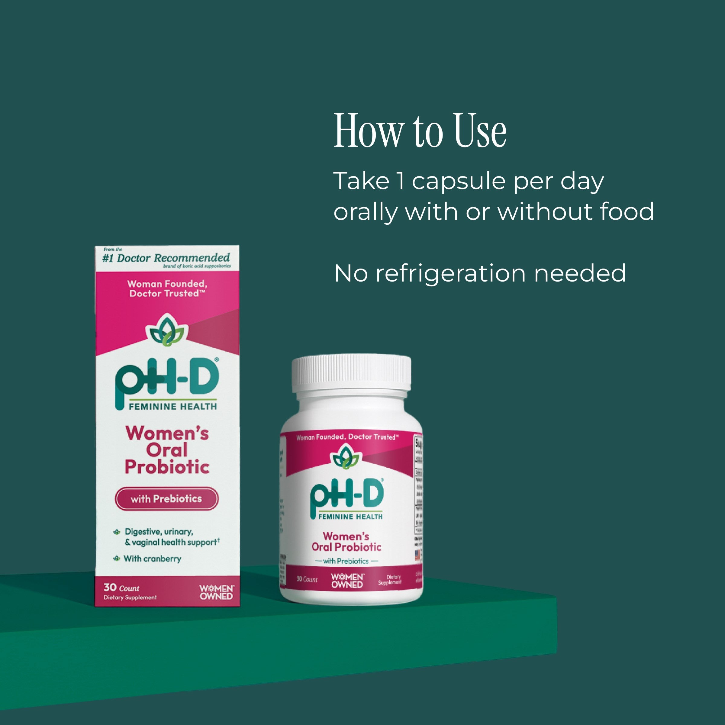pH-D Women's Oral Probiotic packaging on a green background with usage instructions.