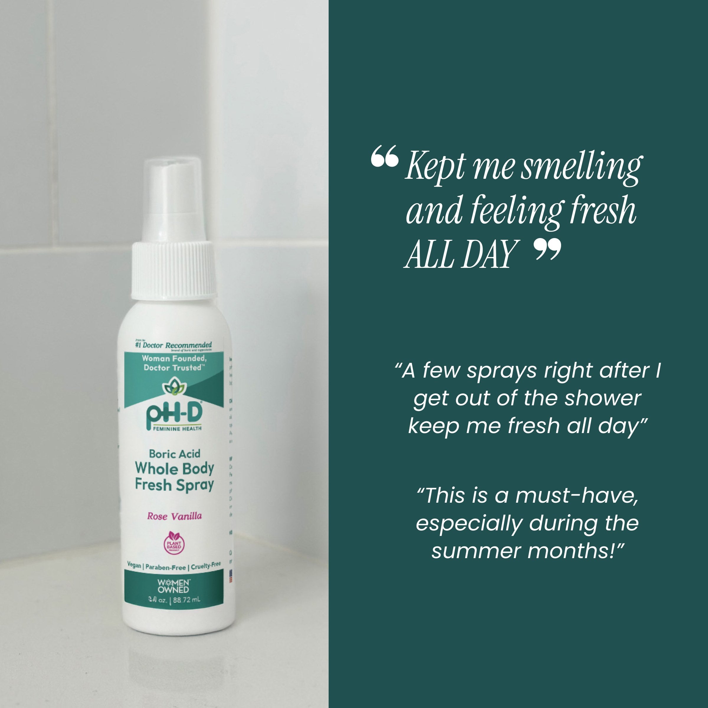 Bottle of PHD Boric Acid Whole Body Fresh Spray with customer testimonials on a green background.