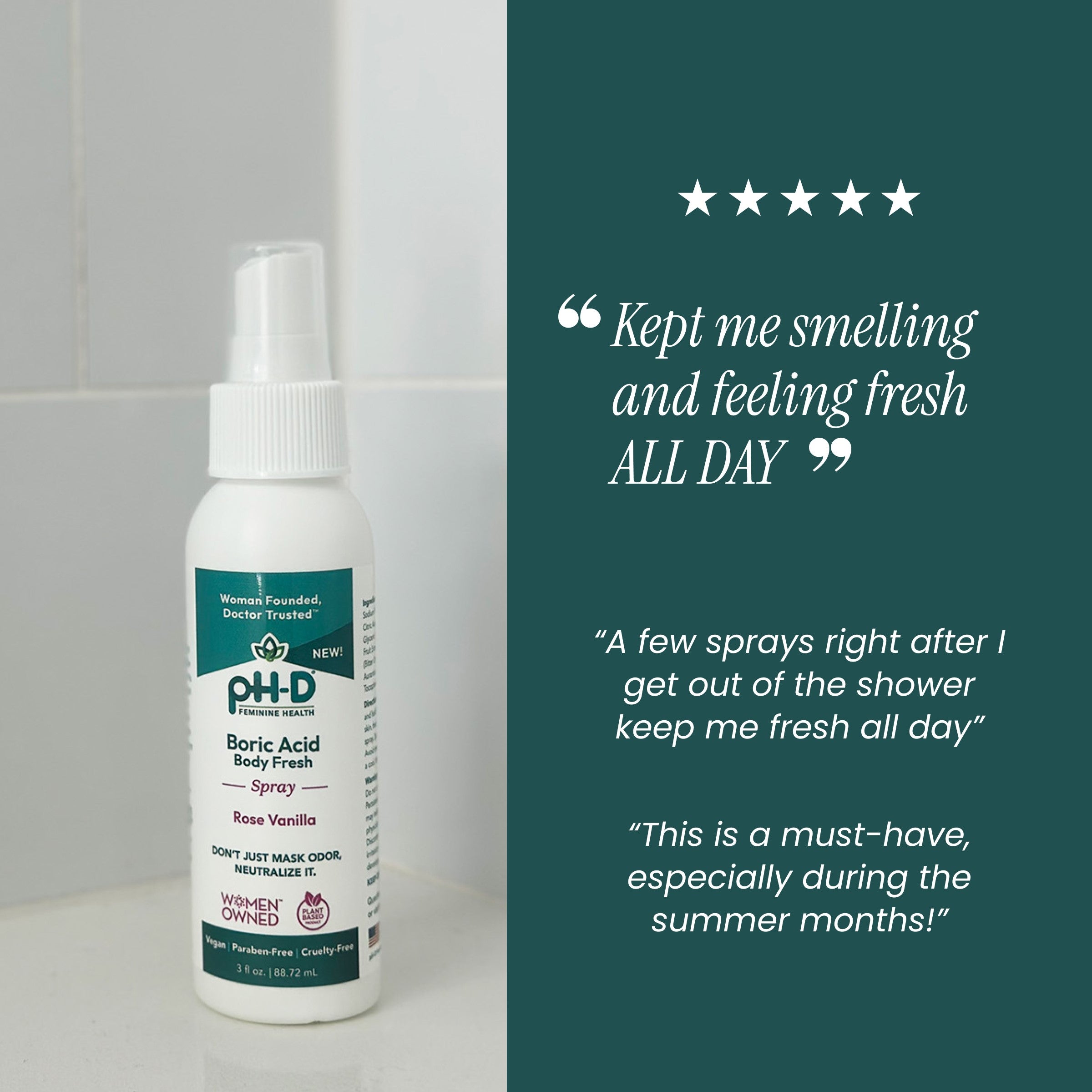 Boric acid body fresh spray in a shower with a five star customer review