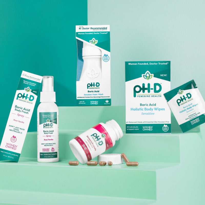 A collection of pH-D brand products for intimate hygiene, including spray wipes, foam wash, and probiotic supplements.