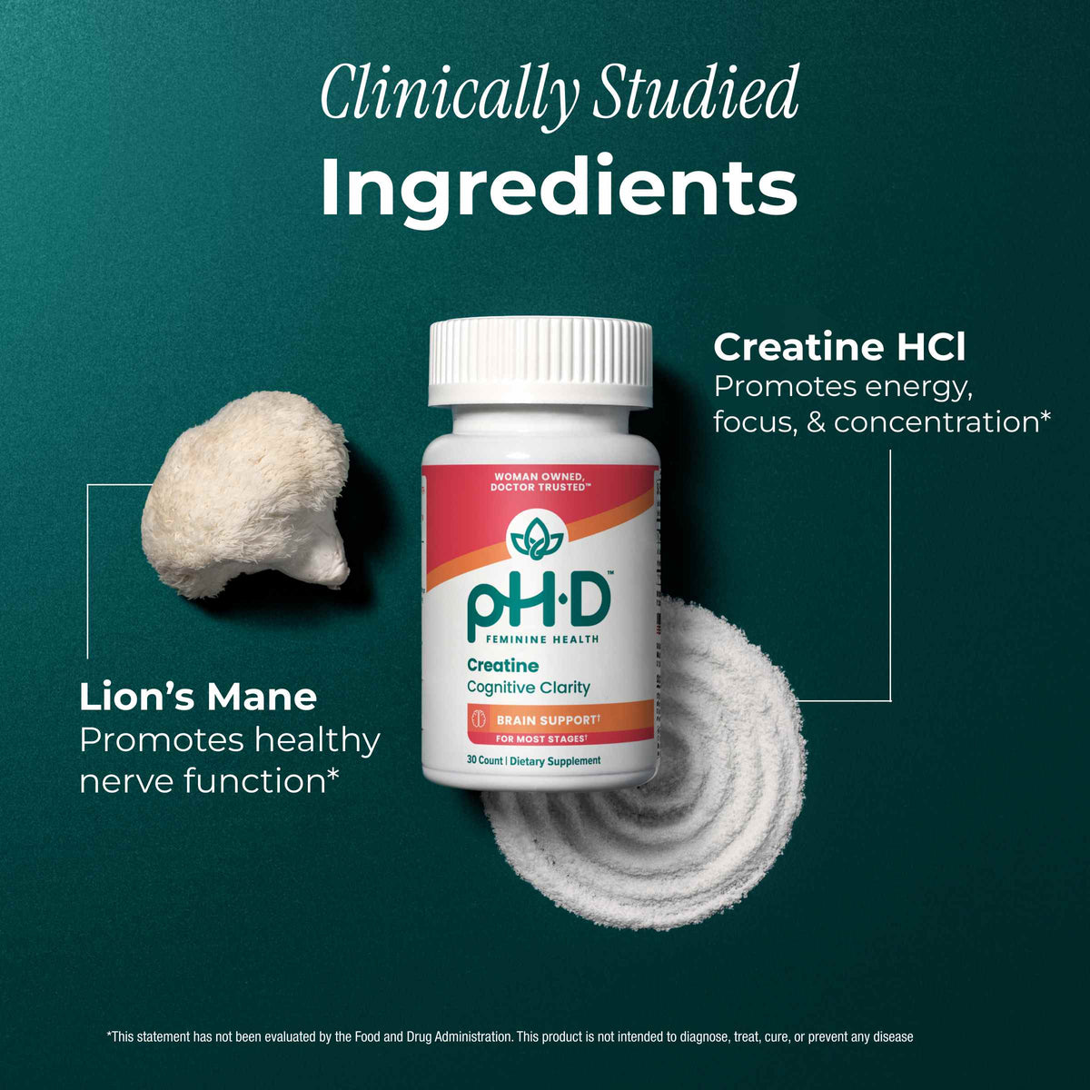 A bottle of pH-D Creatine Cognitive Clarity with ingredient callouts.