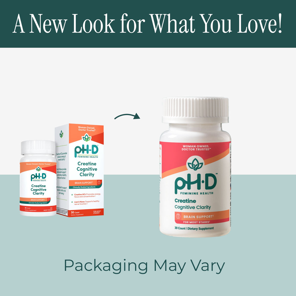 Promotional graphic for pH-D Creatine Cognitive Clarity showing a white supplement bottle, its matching box, and a smaller alternate package view on a pale teal and light gray background, with text reading 'A New Look for What You Love!' and 'Packaging May Vary'.