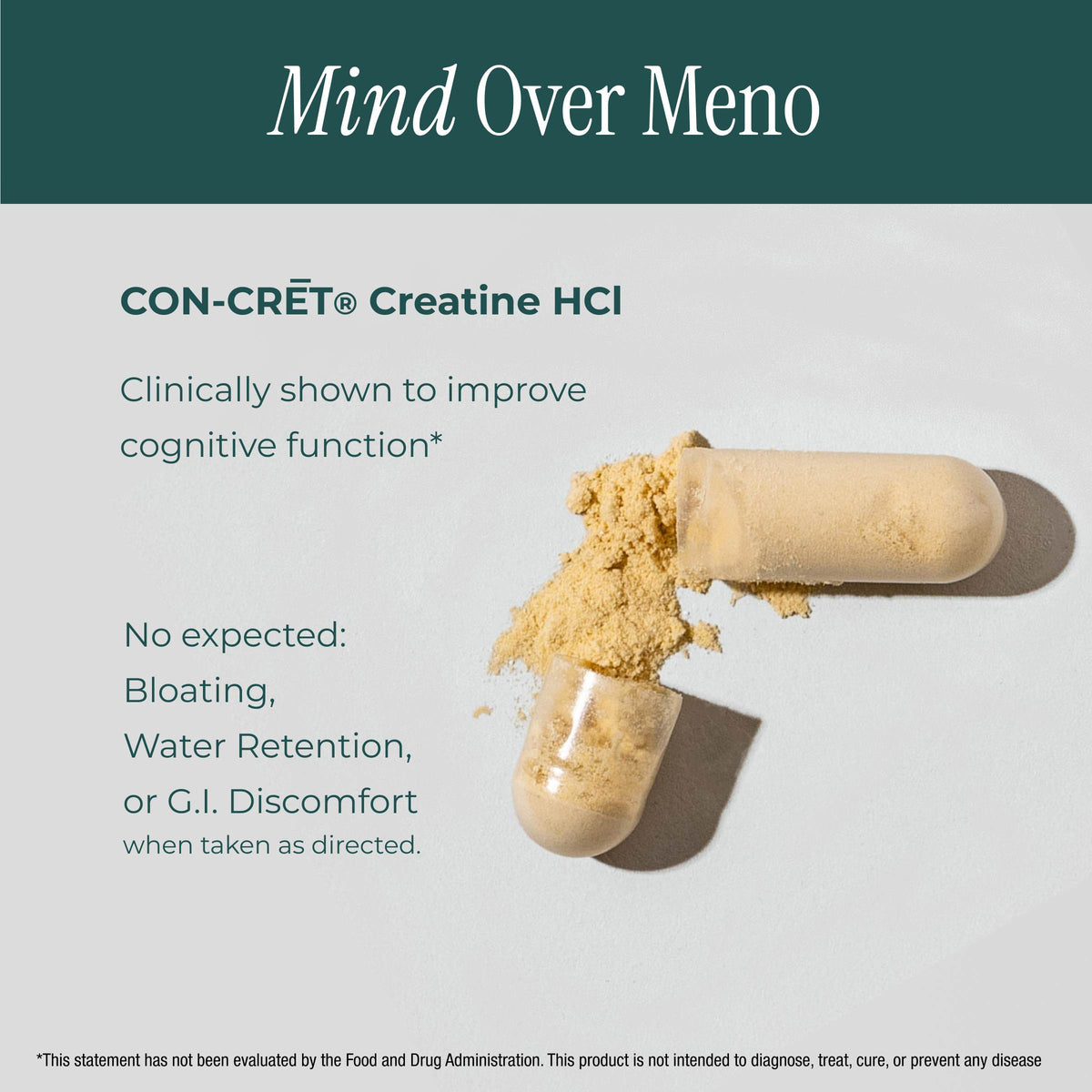 Two clear capsules filled with pale beige powder on a light gray background, with the text 'Mind Over Meno' at the top and product claims about CON-CRÉT Creatine HCl.