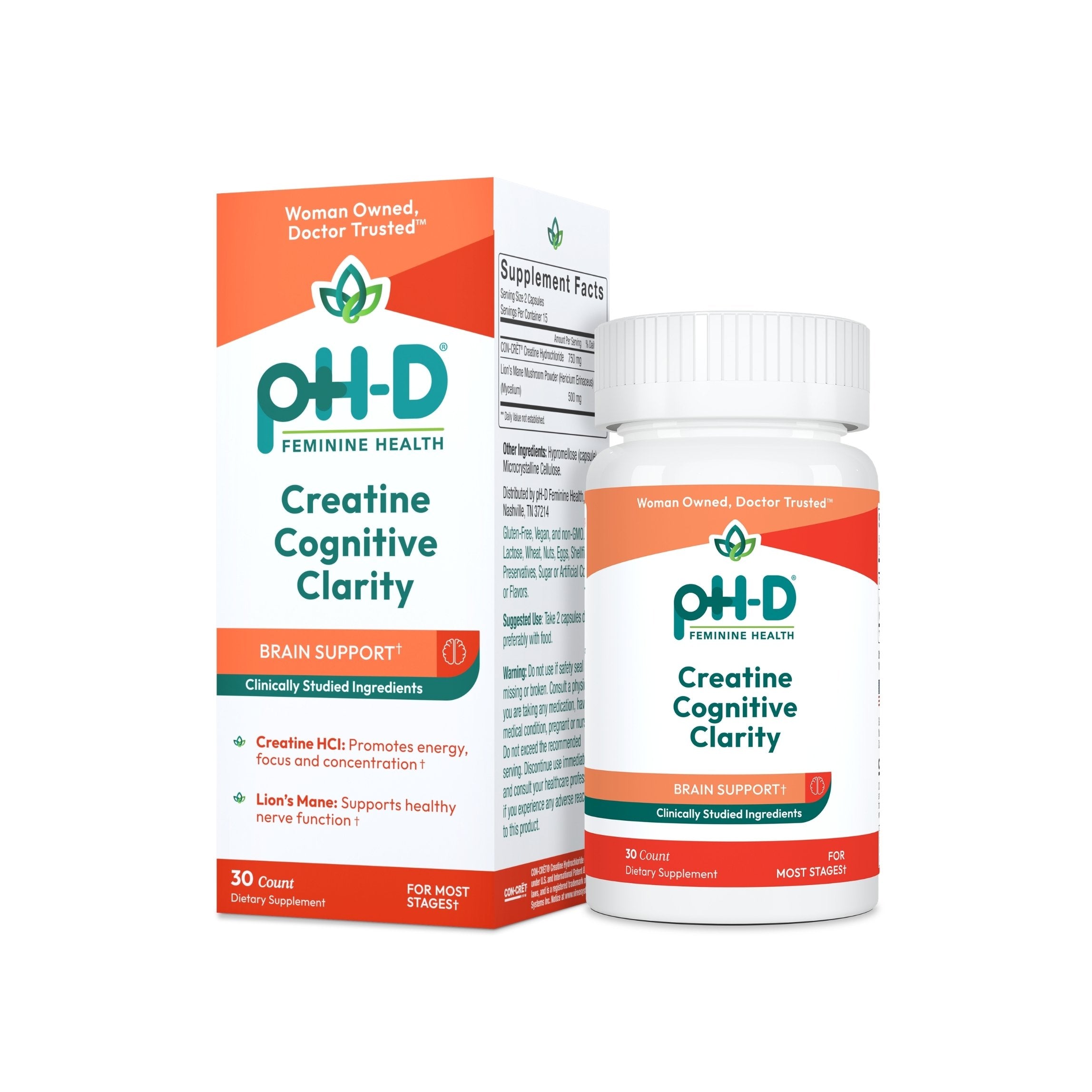 PH-D Feminine Health Creatine Cognitive Clarity bottle and packaging on a white background