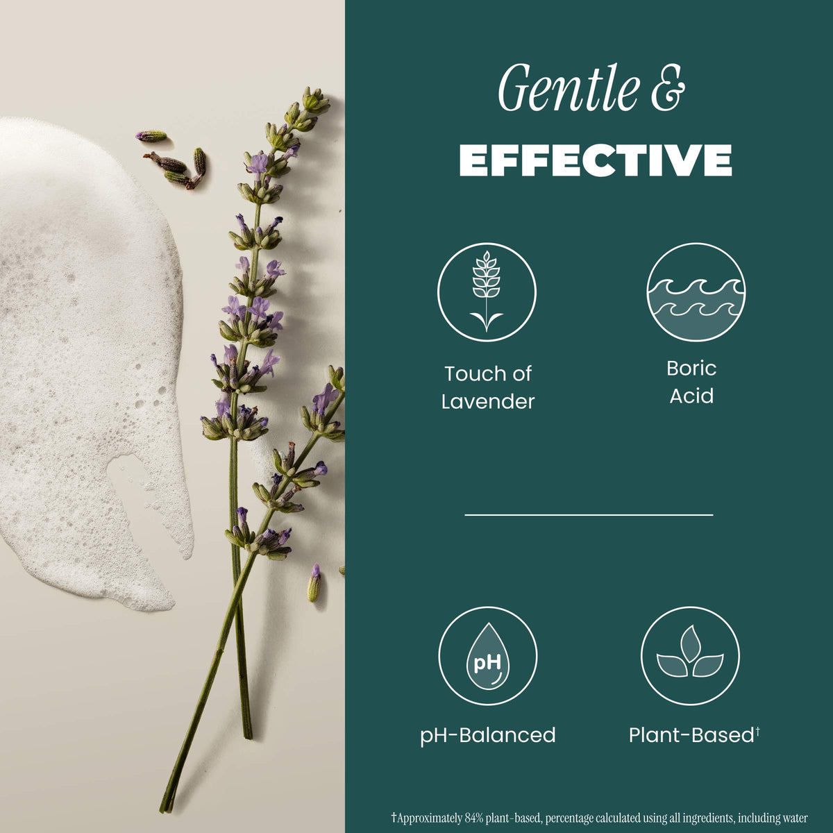 A promotional graphic for a gentle facial cleanser. The left side shows a close-up of a white lathered foam texture with a sprig of lavender and a few petals on a light beige background.