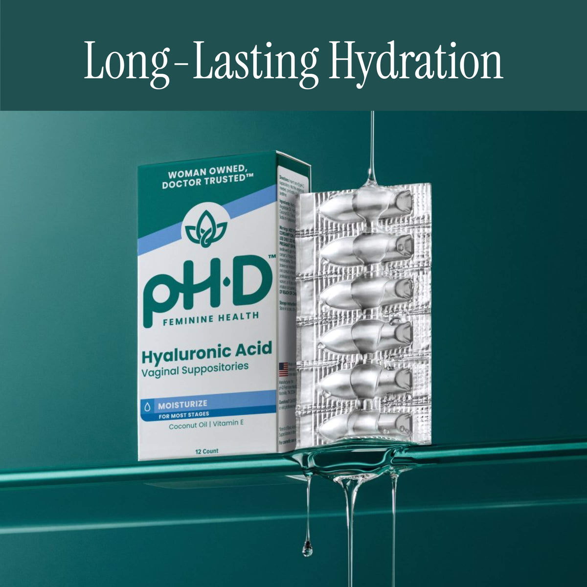 pH-D Feminine Health Hyaluronic Acid Vaginal Suppositories shown with a product box and a blister pack on a teal gradient background with liquid droplets.