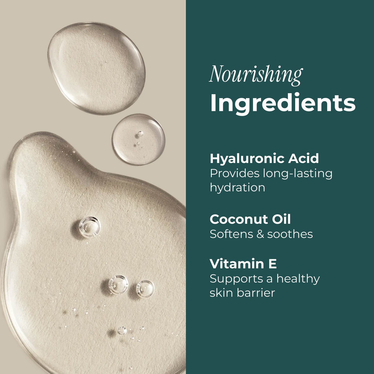 A promotional graphic for pH-D Feminine Health Hyaluronic Acid Vaginal Suppositories with a dark teal panel reading 'Nourishing Ingredients' and listing Hyaluronic Acid, Coconut Oil, and Vitamin E, next to translucent liquid droplets on a warm beige background.