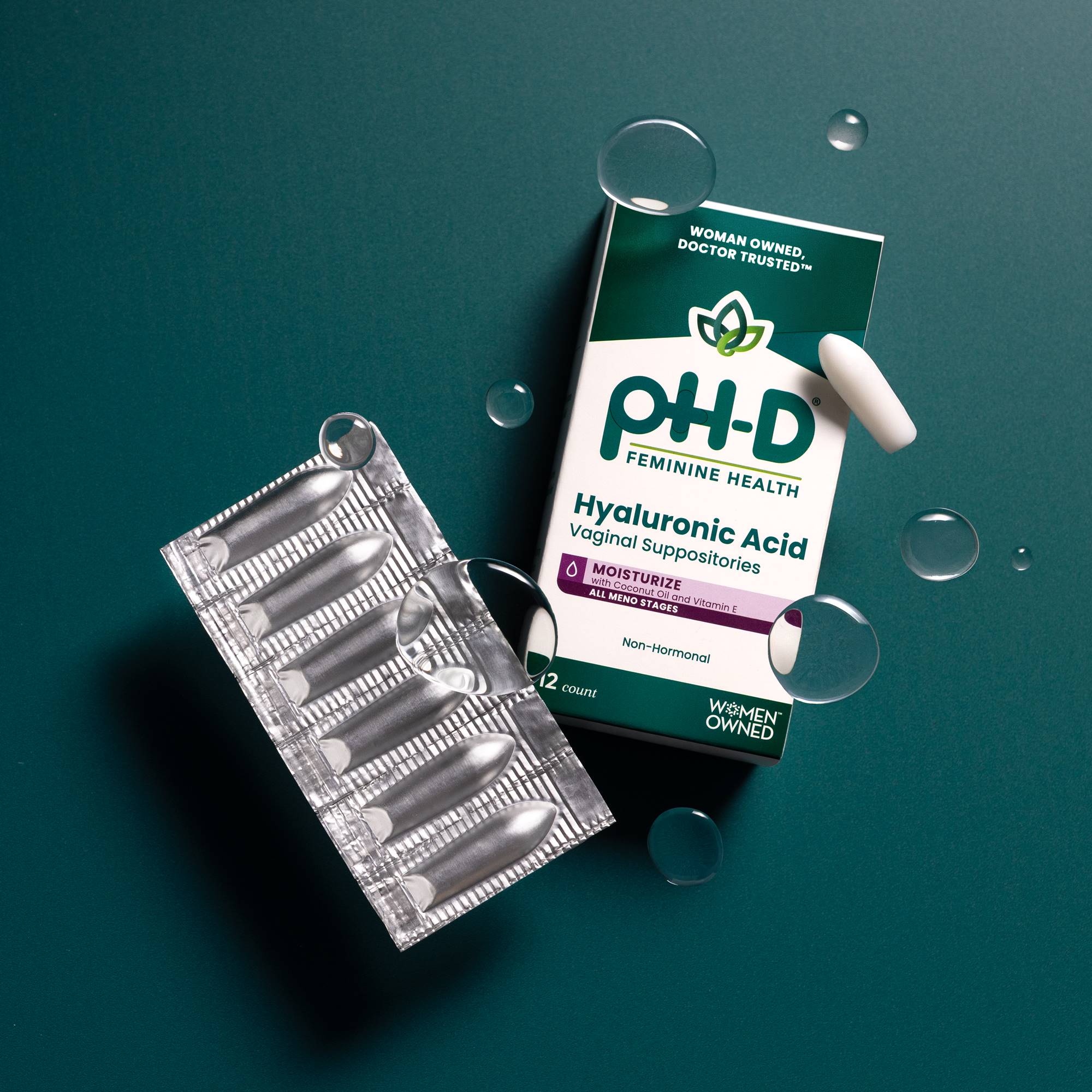 pH-D Feminine Health hyaluronic acid vaginal suppository on a green background with bubbles