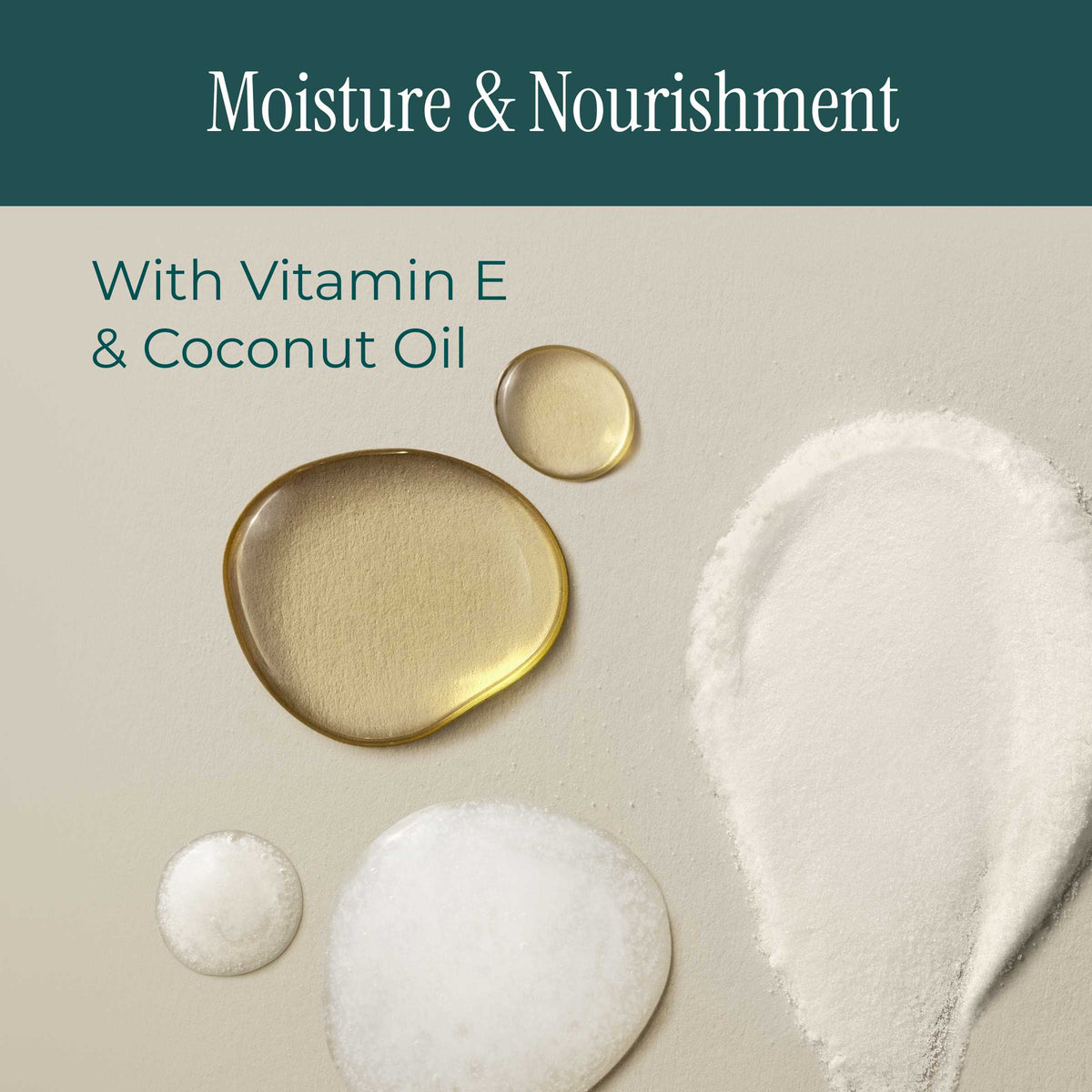 Promotional graphic for a skincare product with the text 'Moisture & Nourishment' and 'With Vitamin E & Coconut Oil.' The design shows several translucent and opaque white droplets and a pile of white powder on a light beige background, with a dark teal banner at the top.