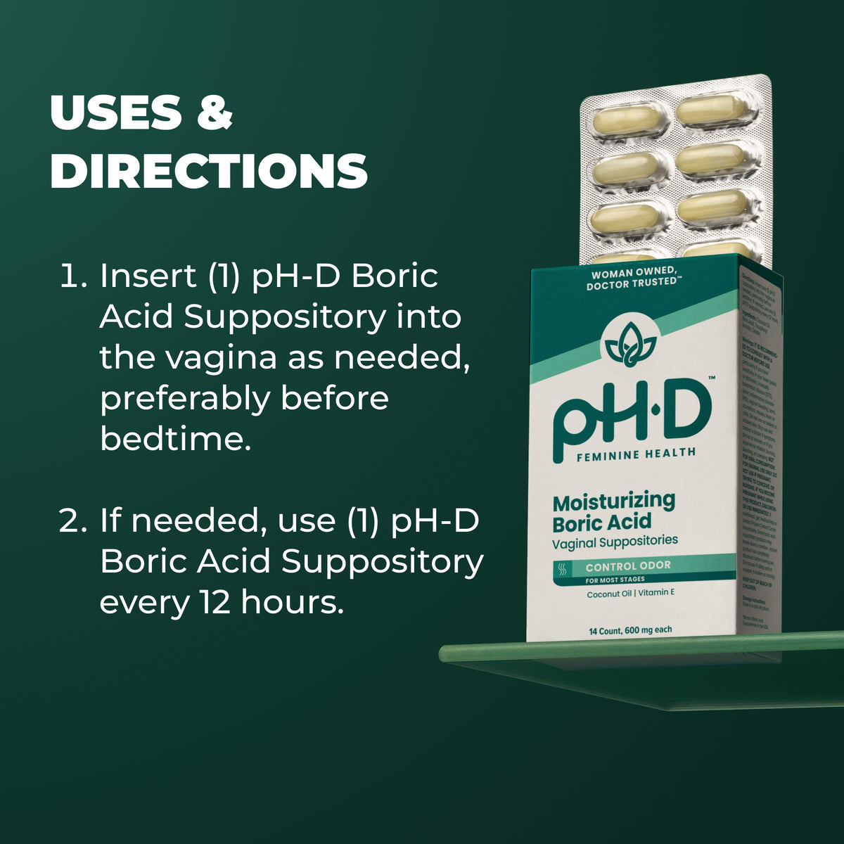 A dark green informational graphic with the heading 'USES & DIRECTIONS' and two bullet points describing how to use pH-D Moisturizing Boric Acid suppositories. On the right side, the product box and a blister pack of capsules are shown on a small shelf.