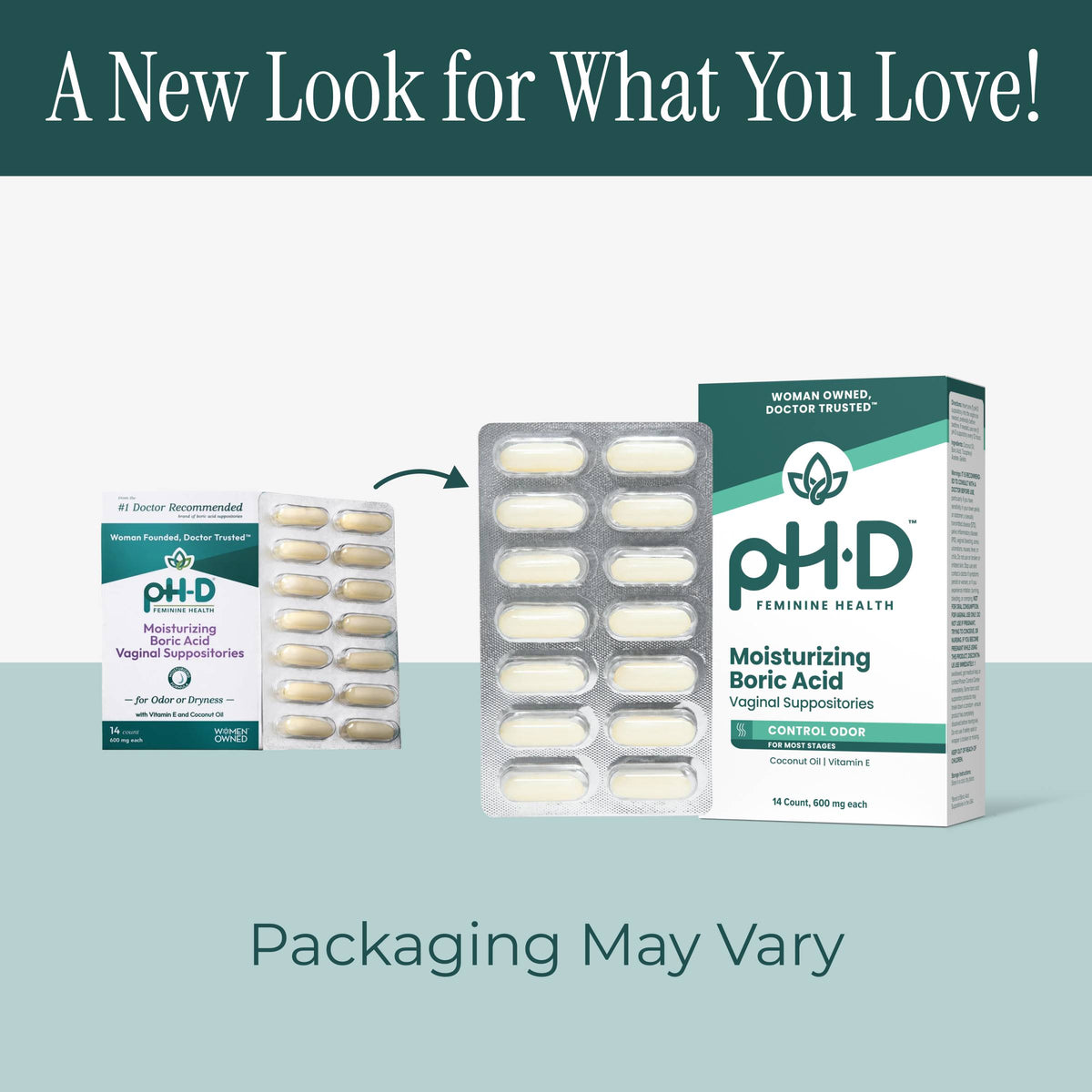 Promotional graphic for pH-D Feminine Health Moisturizing Boric Acid vaginal suppositories