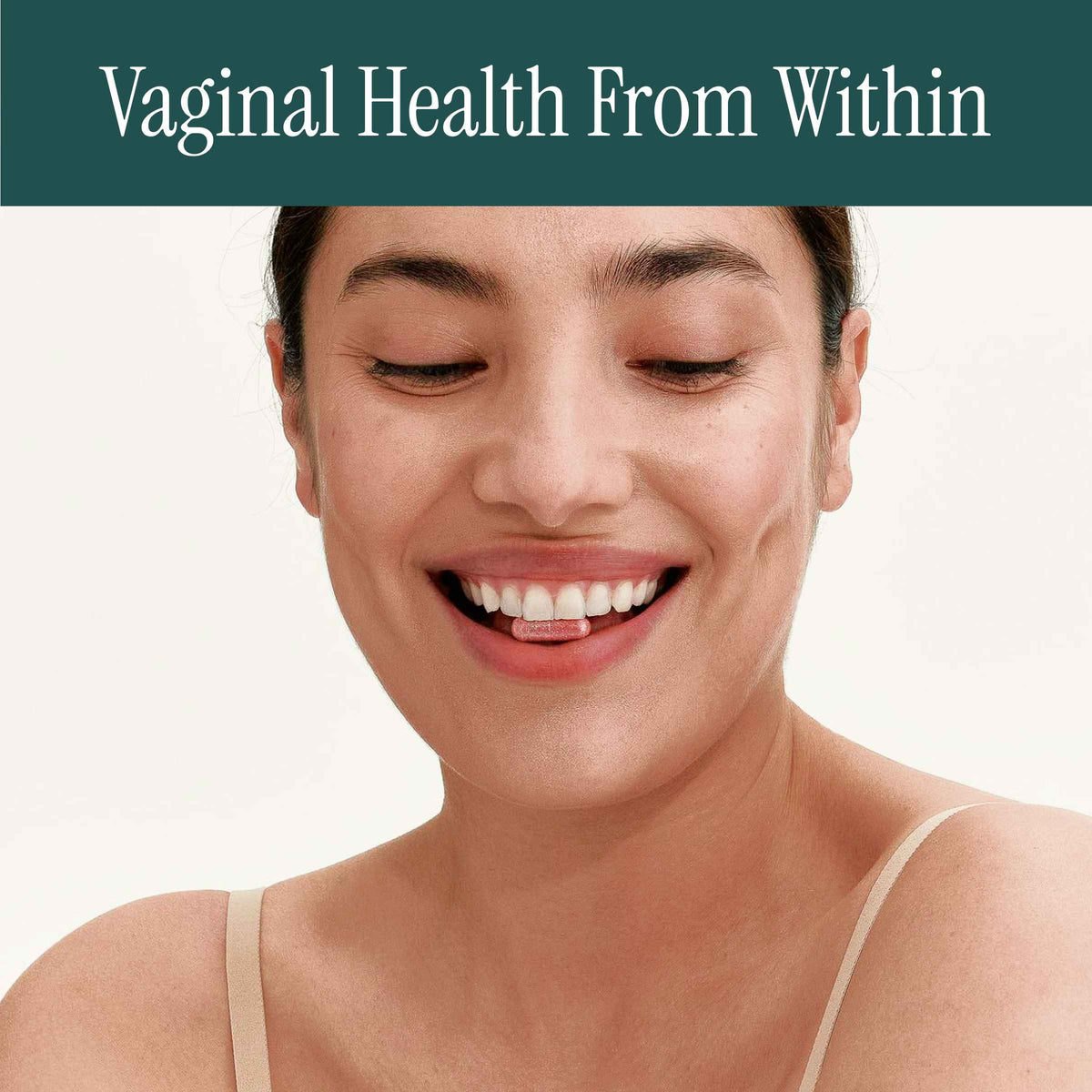 A smiling woman with closed eyes appears against a light background, with a dark teal banner at the top reading 'Vaginal Health From Within'. No physical product is visible.