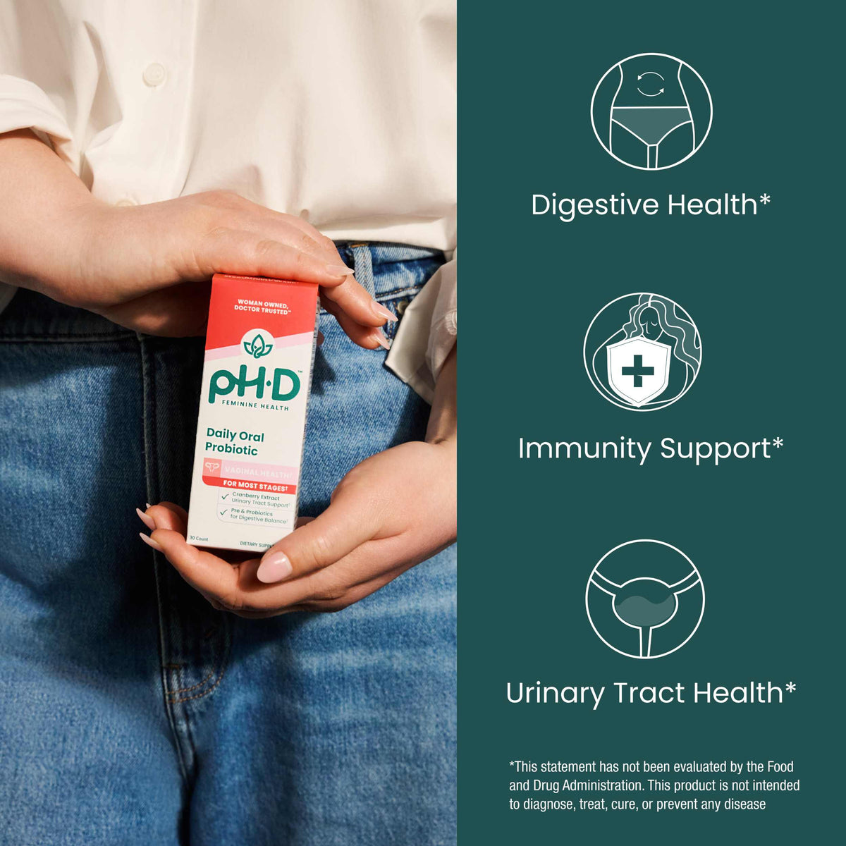 A person in a cream shirt and blue jeans holds a box of pH-D Feminine Health Daily Oral Probiotics. The right side of the image features a dark teal panel with white icons and text highlighting benefits for Digestive Health, Immunity Support, and Urinary Tract Health.