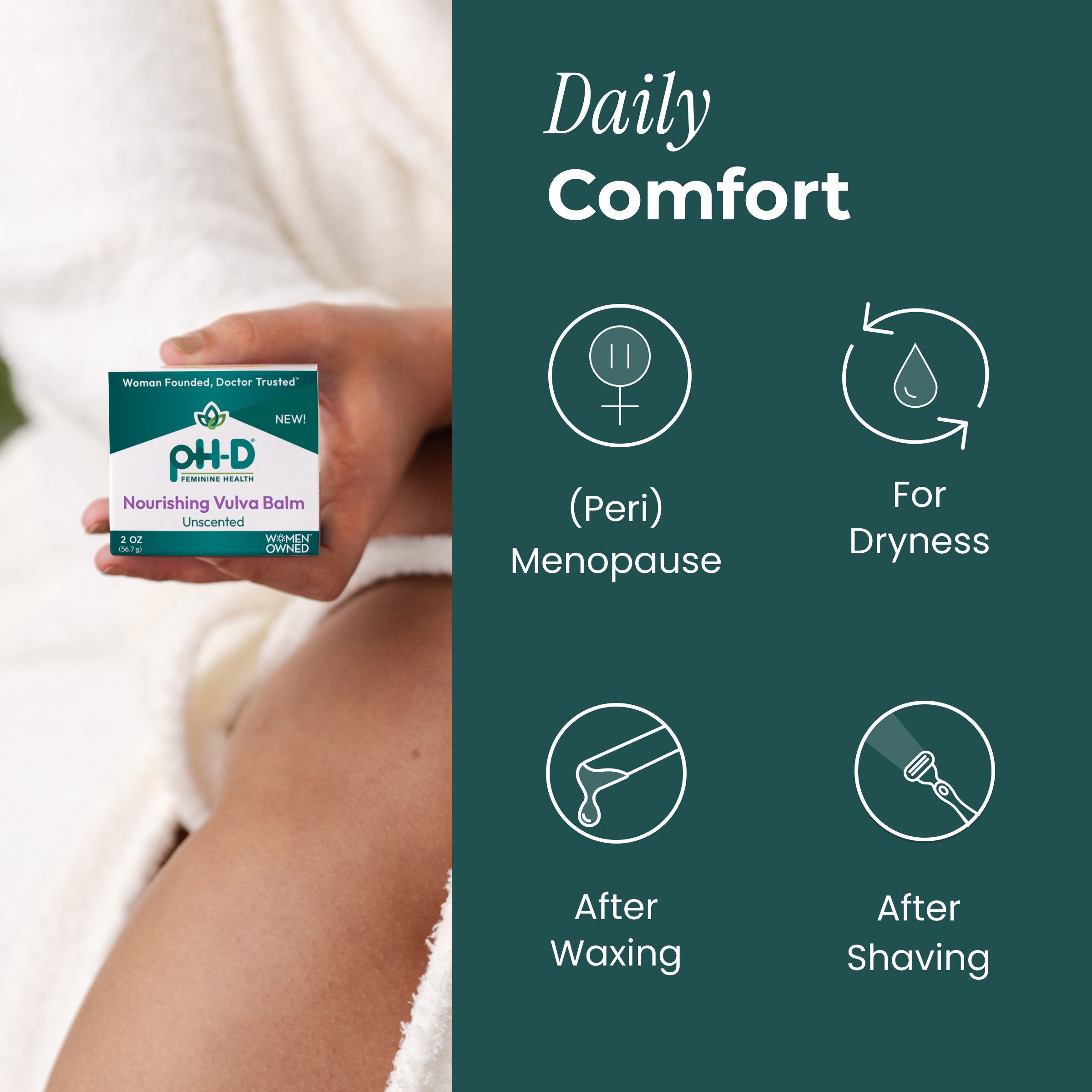 pH-D Nourishing Vaginal Balm packaging held by a hand with product usage benefits on a green background.