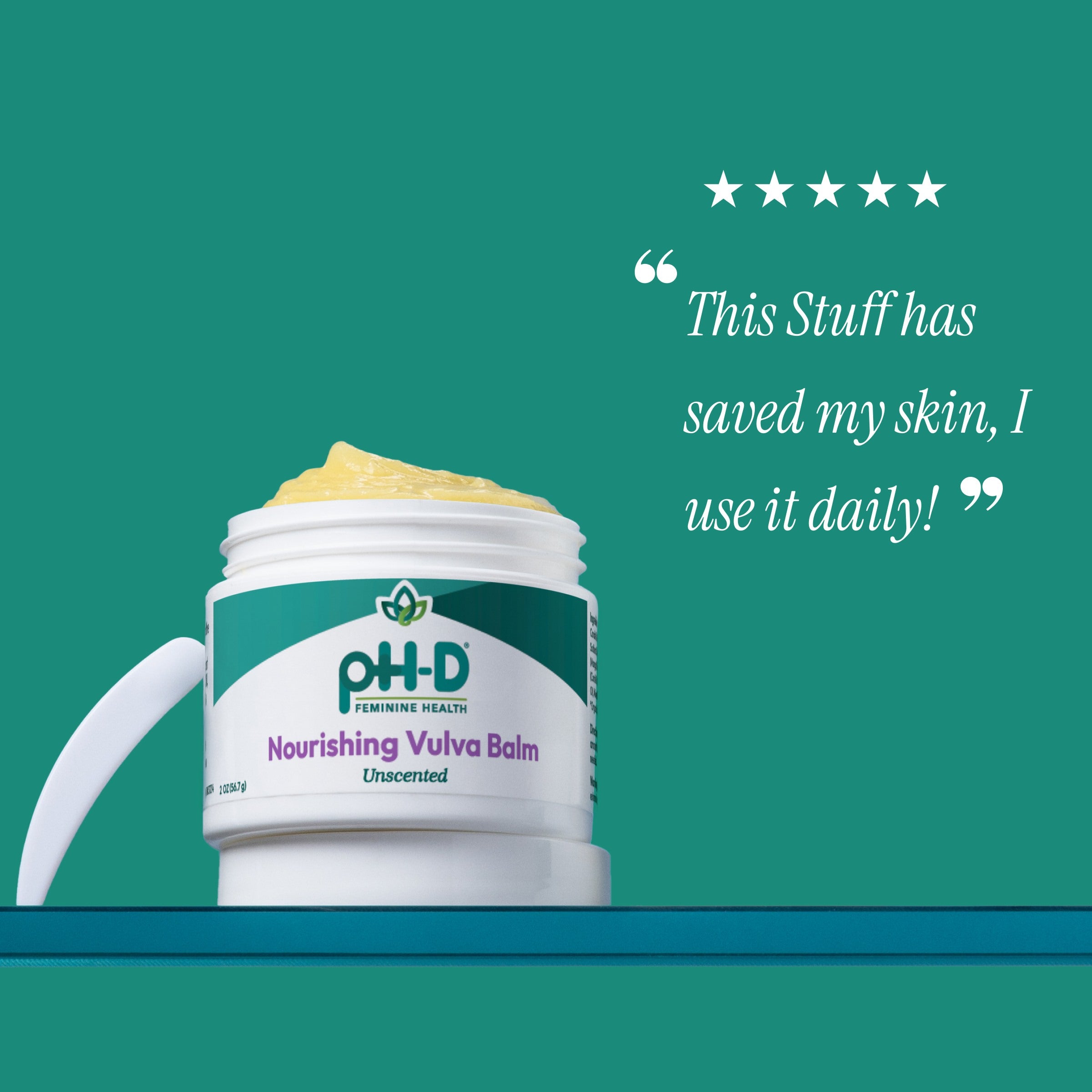 pH-D Nourishing Vulva Balm with a green background and customer testimonial.