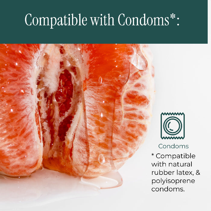 Close-up of a grapefruit with text about compatibility with condoms on a white background