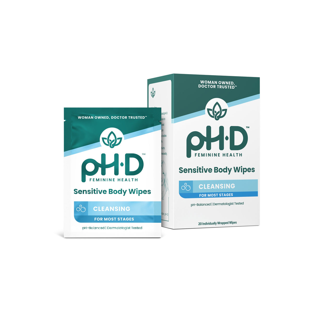 pH-D Feminine Health Sensitive Body Wipes shown with a single packet and its retail box on a plain white background.