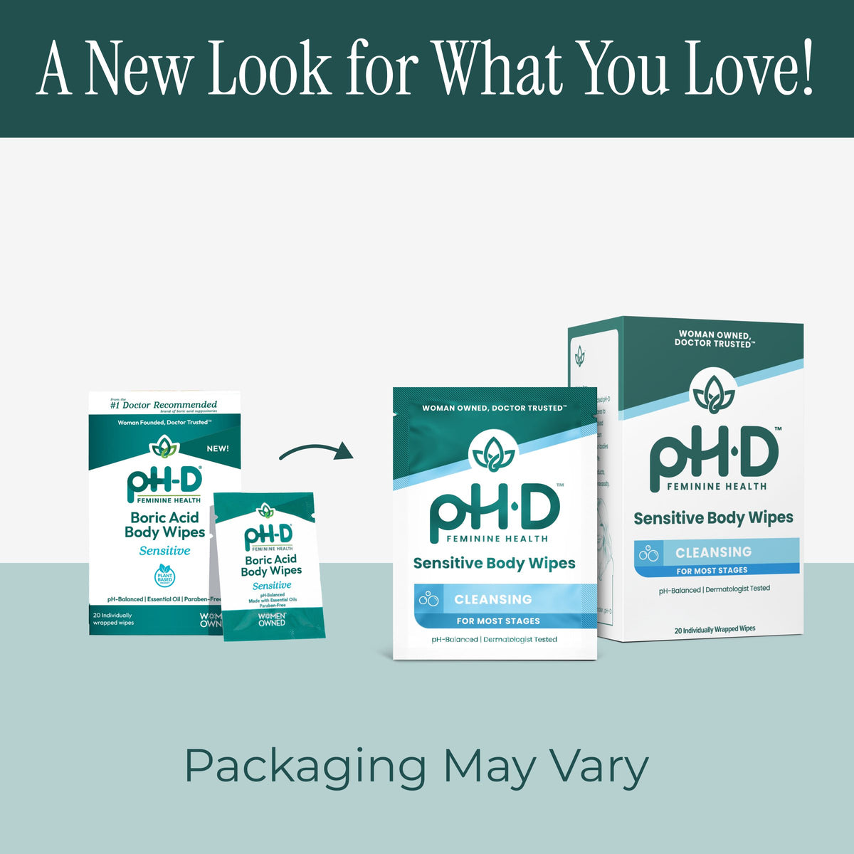 Promotional graphic showing multiple boxes and packets of pH-D Sensitive Body Wipes with text reading 'A New Look for What You Love!' and 'Packaging May Vary.'.