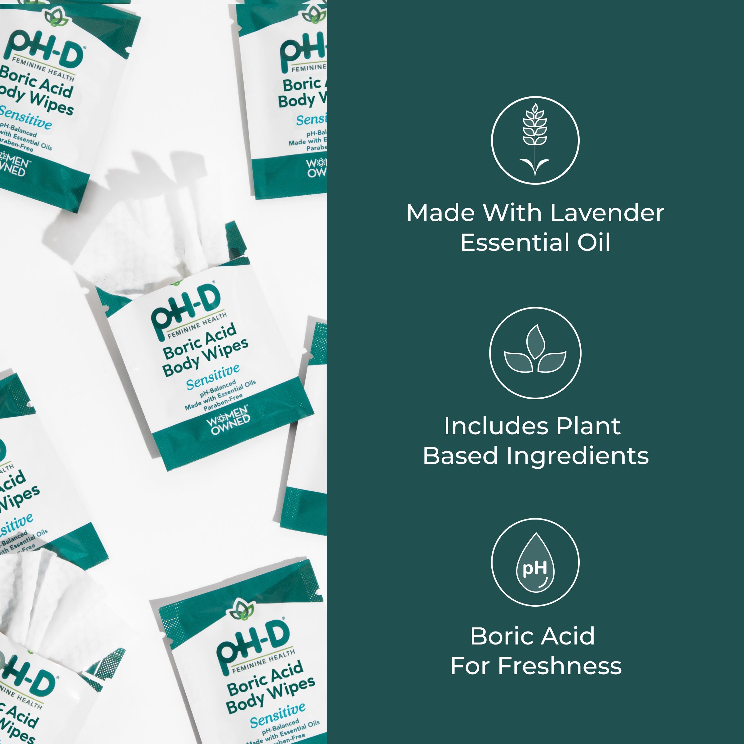 PH-D Boric Acid Body Wipes packaging with product features on a green background