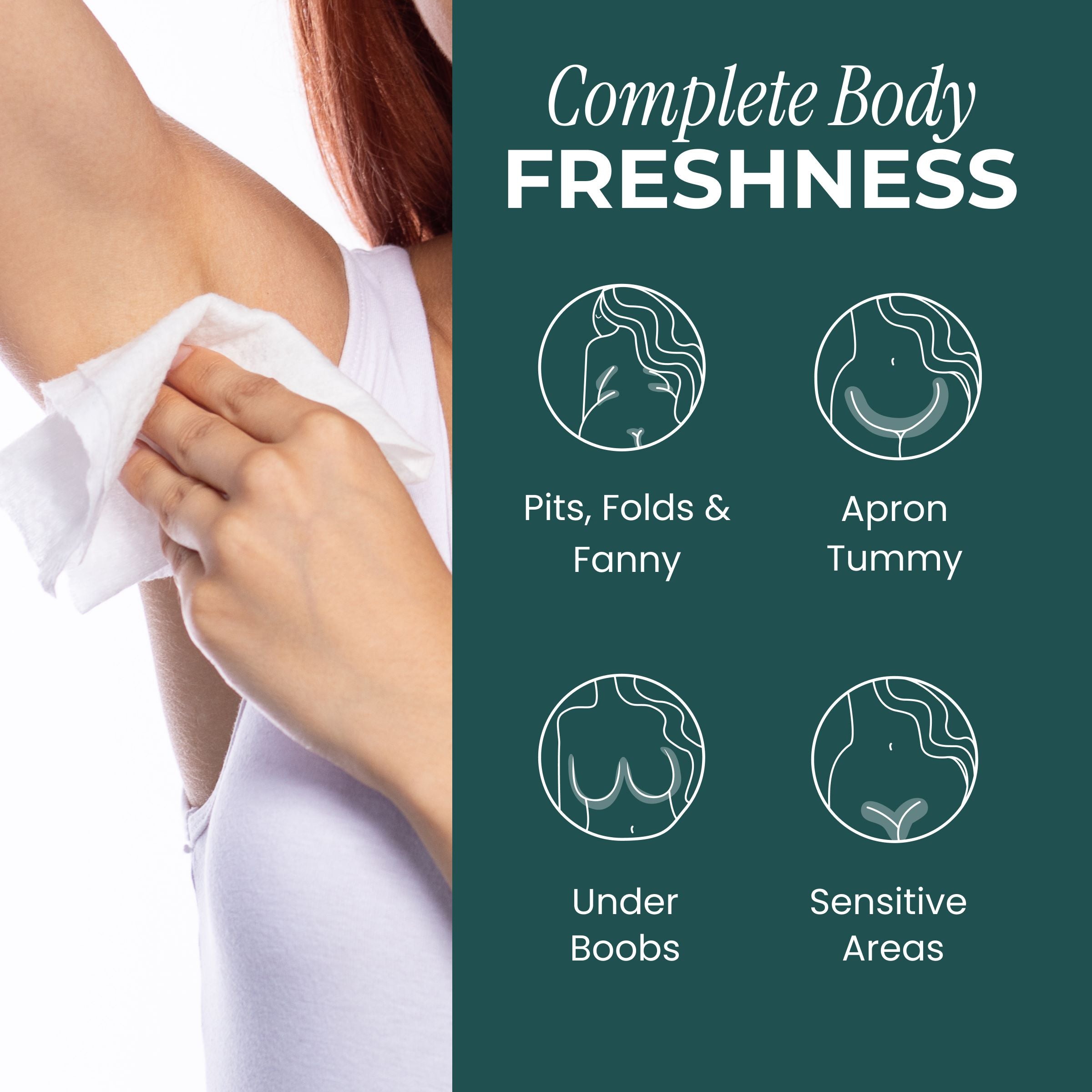 Person wiping armpit with a cloth, labeled 'Complete Body Freshness' with areas to focus on.
