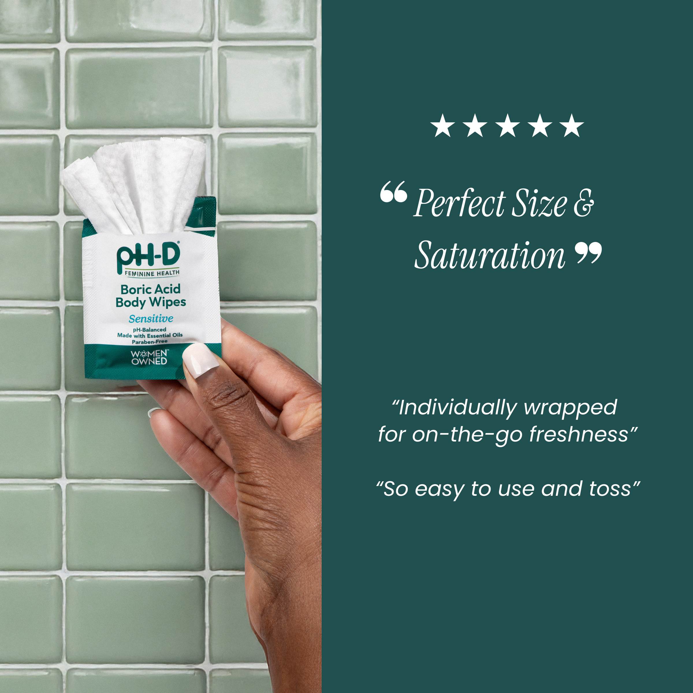 pH-D Boric Acid Body Wipes held against a tiled wall with positive text about product size and ease of use.