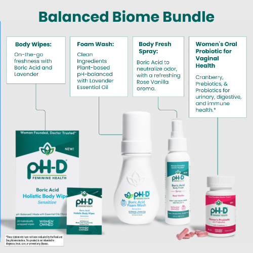 pH-D Feminine Health products including body wipes, foam wash, spray, and probiotic for vaginal health on a white background.