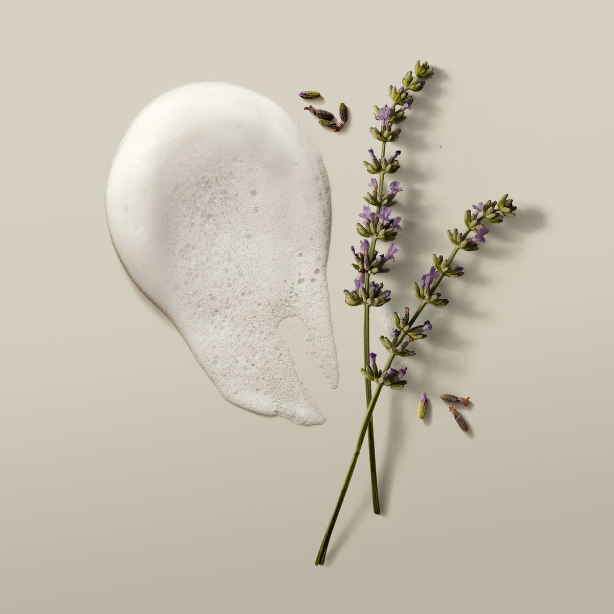 A styled flat-lay of a thick white foaming cream next to two sprigs of lavender on a warm beige background.