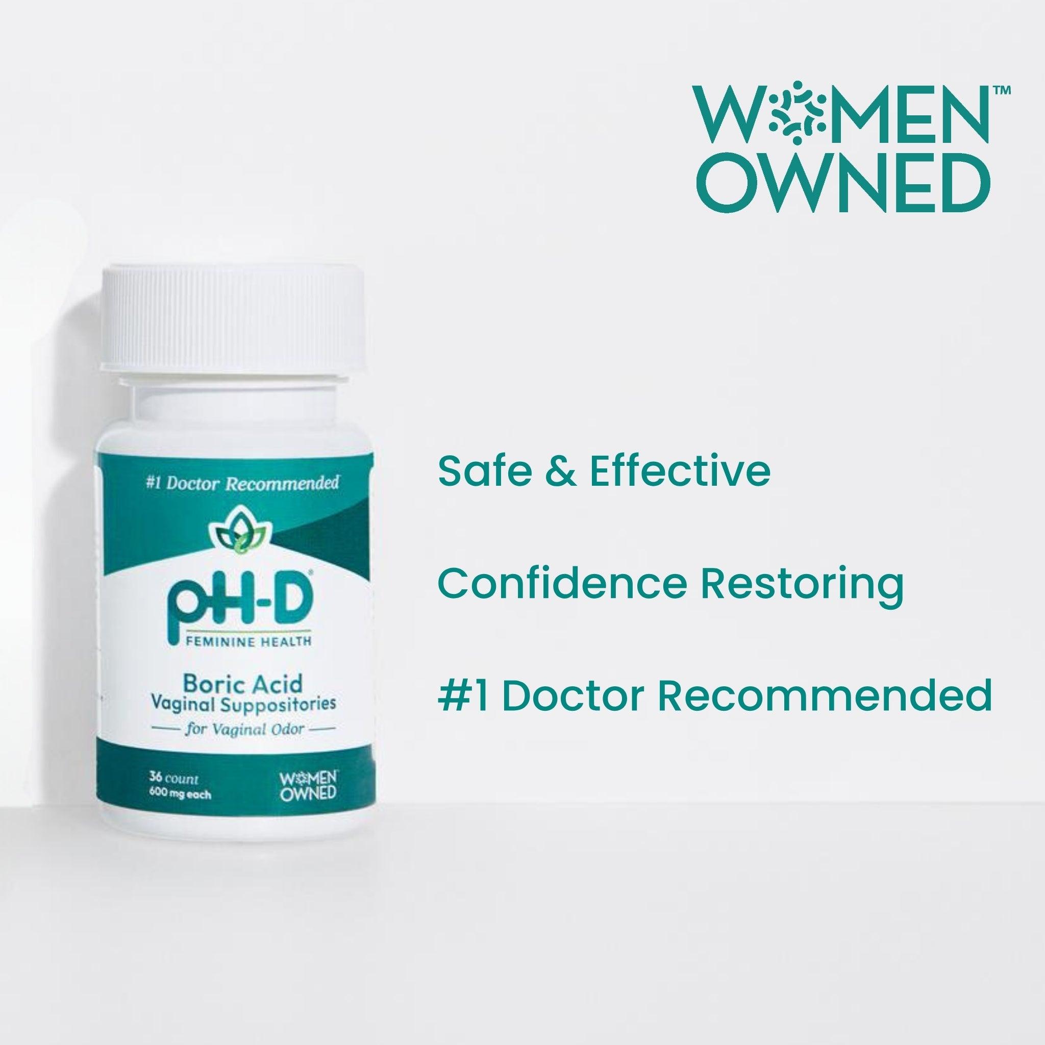 pH-D 36-count Boric Acid Suppositories packaging with a Woman-Owned logo and highlighted benefits, promoting trusted feminine health care.