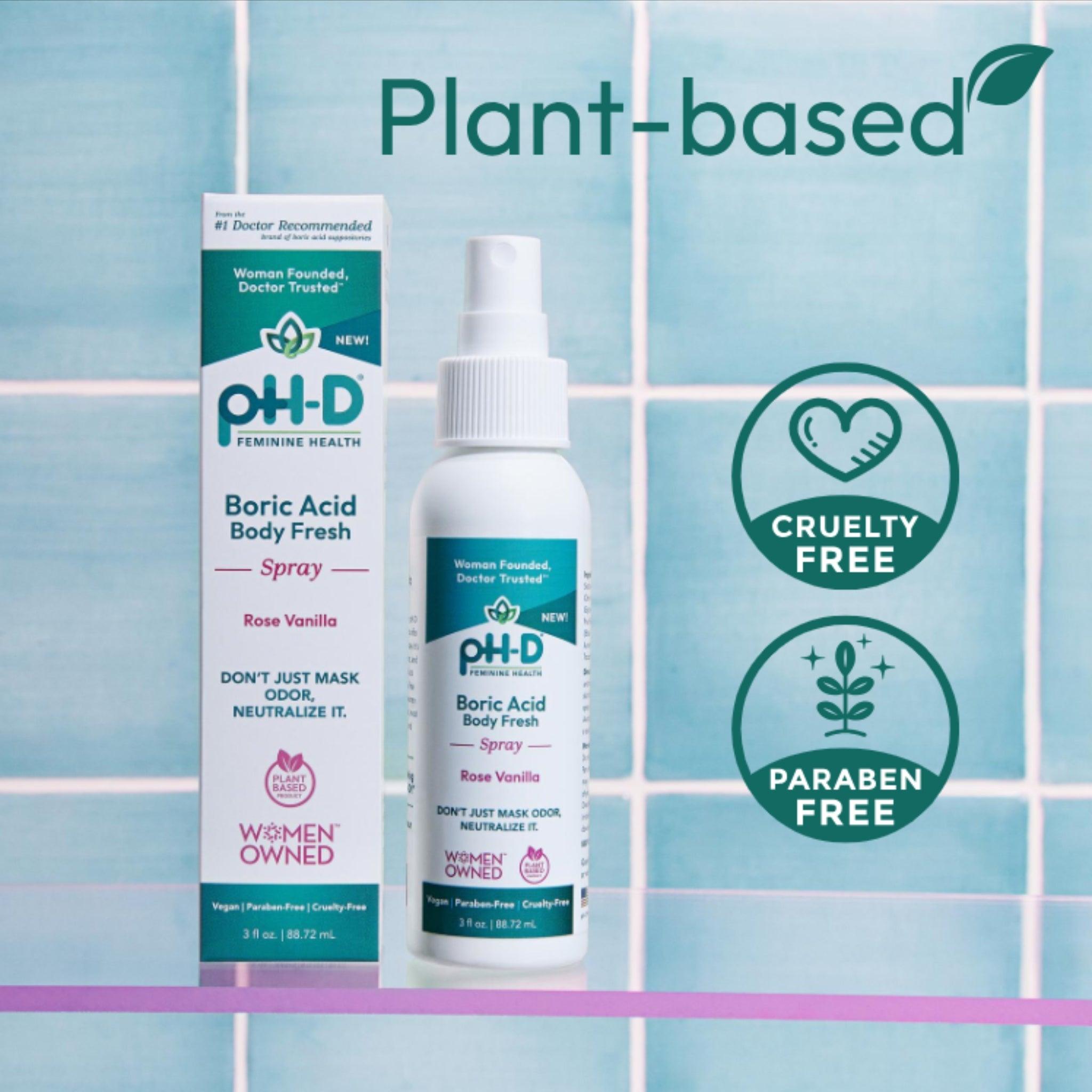 pH-D Boric Acid Body Fresh Spray in Rose Vanilla scent displayed with its packaging against a tiled background, highlighting plant-based, cruelty-free, and paraben-free features.