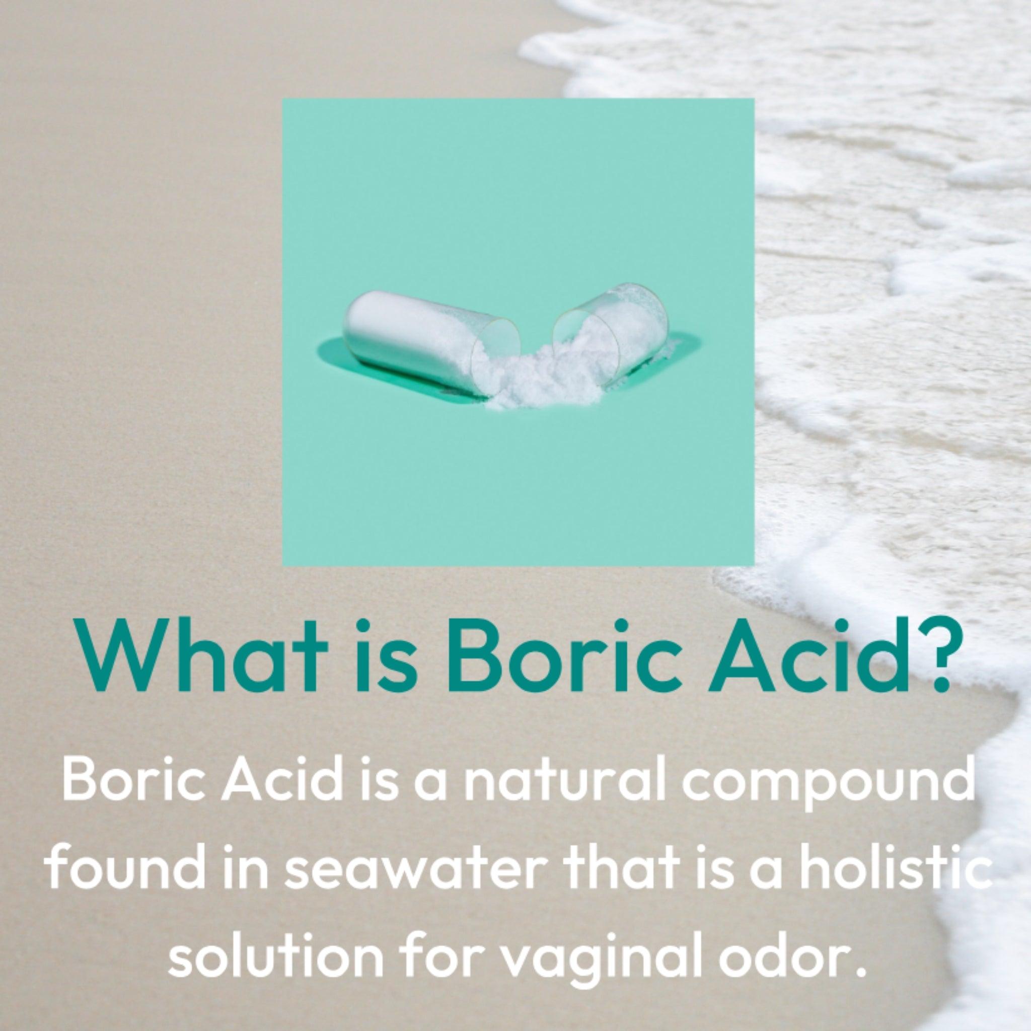 pH-D Boric Acid Suppository capsule displayed against a serene beach background with soft waves, symbolizing natural and gentle feminine care