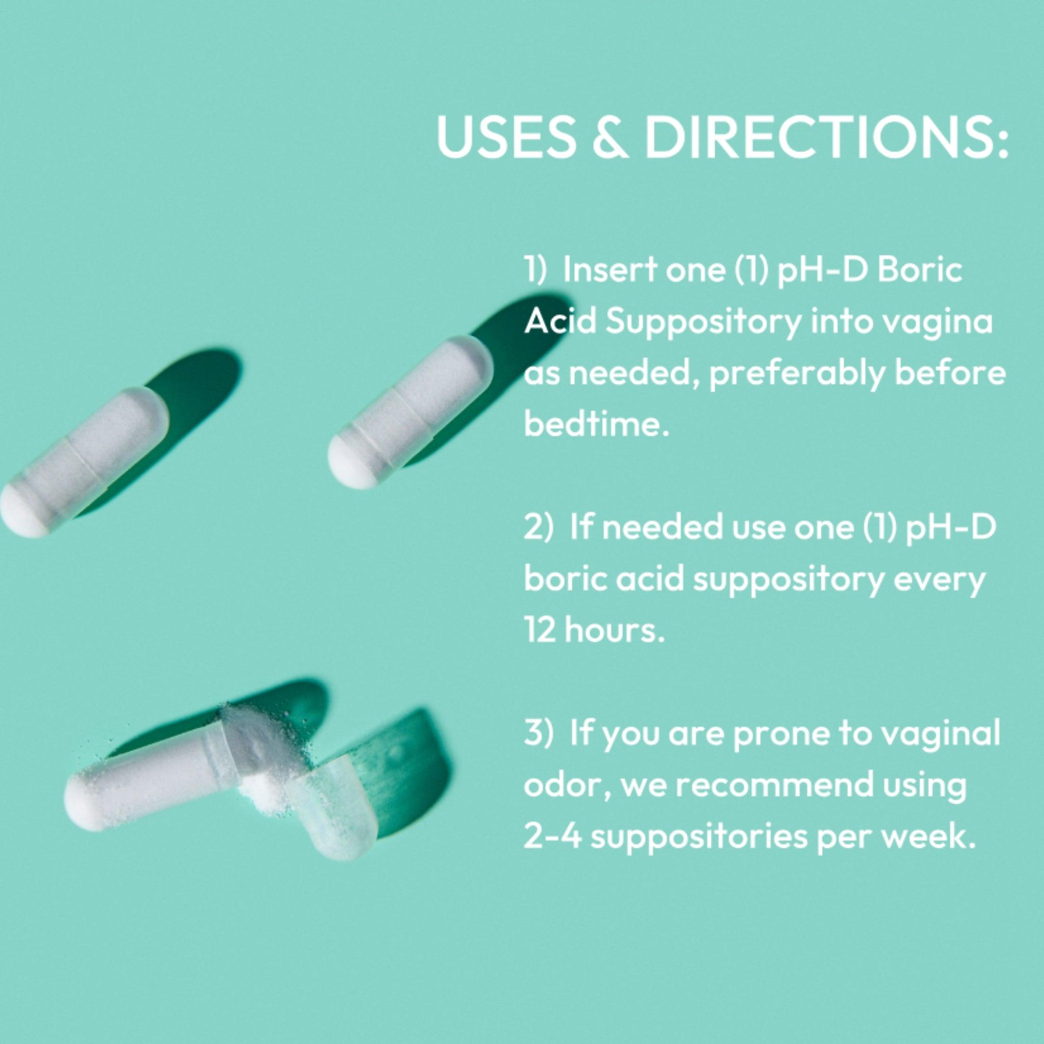 Three pH-D Boric Acid Suppositories displayed against a teal background with usage directions for vaginal health and odor control.