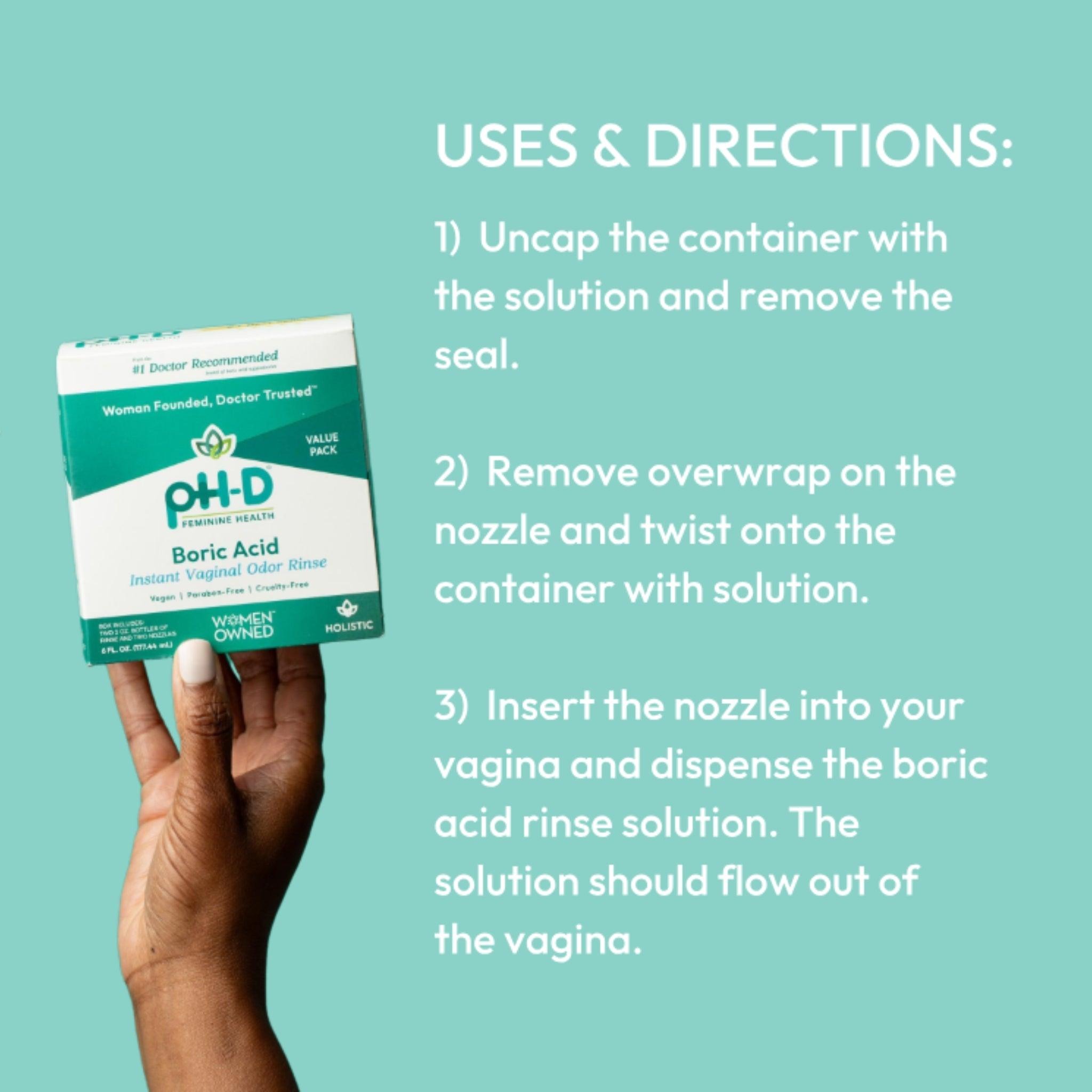 Uses & Directions for pH-D Feminine Health Boric Acid Instant Vaginal Odor Rinse, highlighting the step-by-step process with a hand holding the product box on a light teal background
