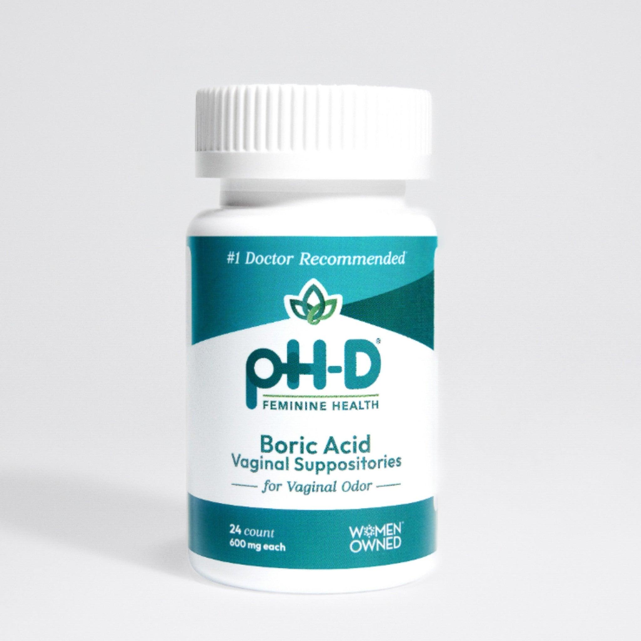 pH-D Boric Acid Vaginal Suppositories 24-count bottle, highlighting #1 doctor recommendation and Women-Owned branding for vaginal odor relief.