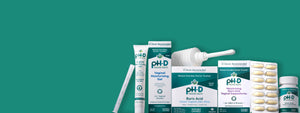 Collection of pH-D health products on a teal background